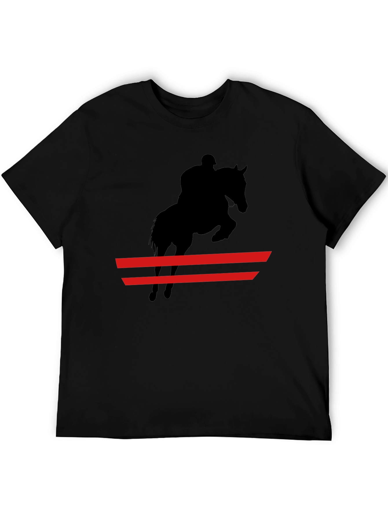 Equestrian Black T-Shirt: Horse & Rider Jumping