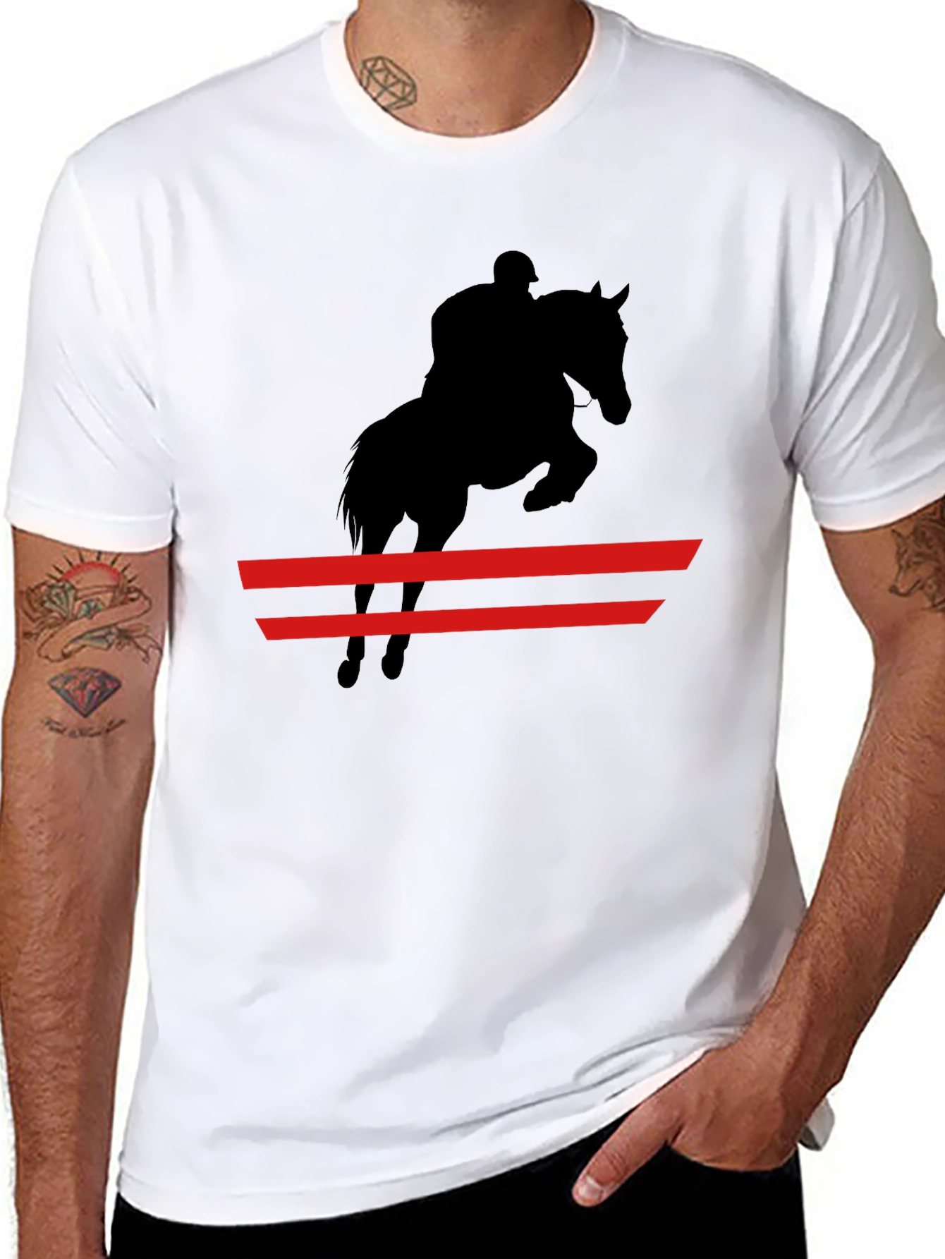 Equestrian Black T-Shirt: Horse & Rider Jumping