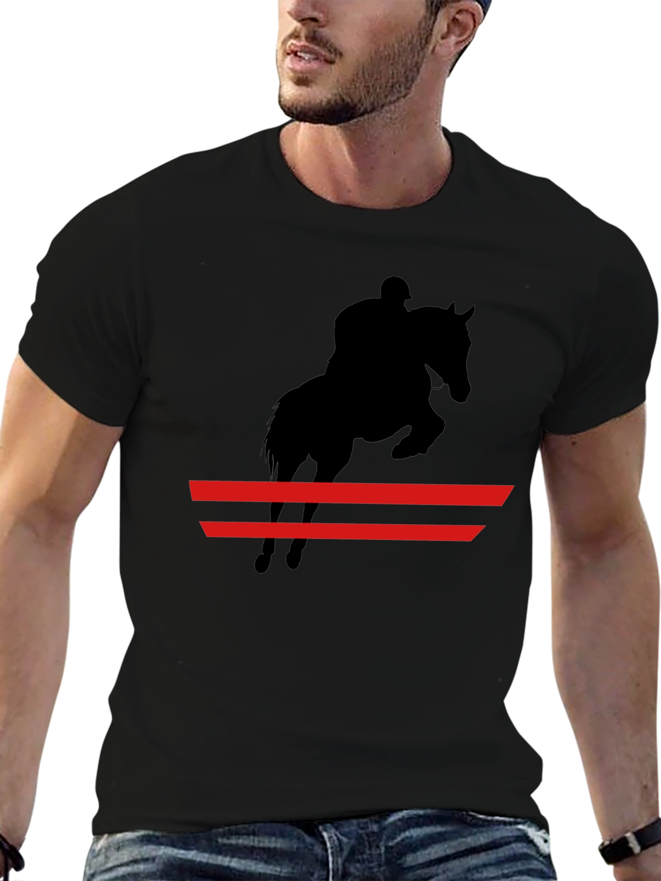 Equestrian Black T-Shirt: Horse & Rider Jumping