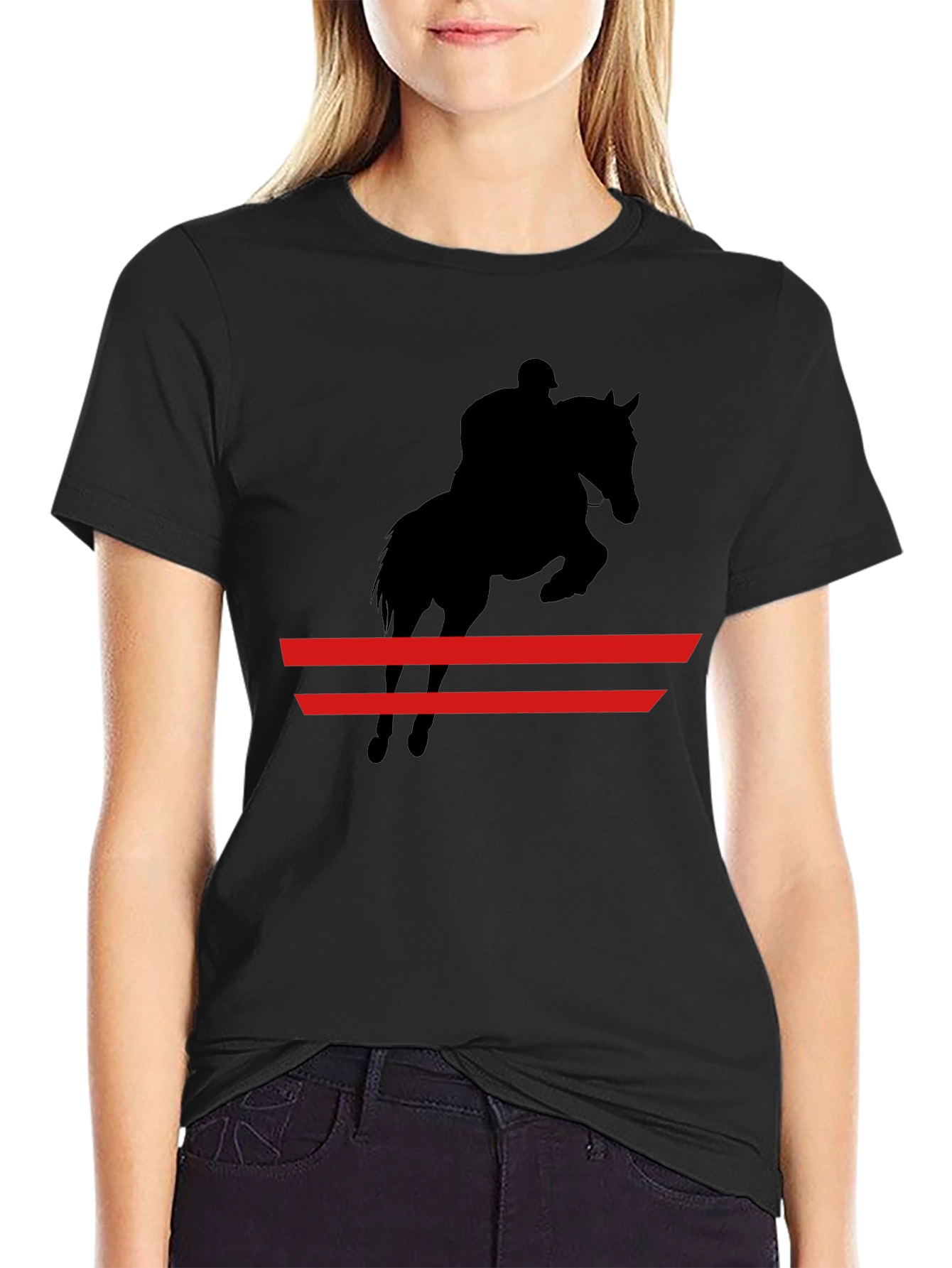 Equestrian Black T-Shirt: Horse & Rider Jumping