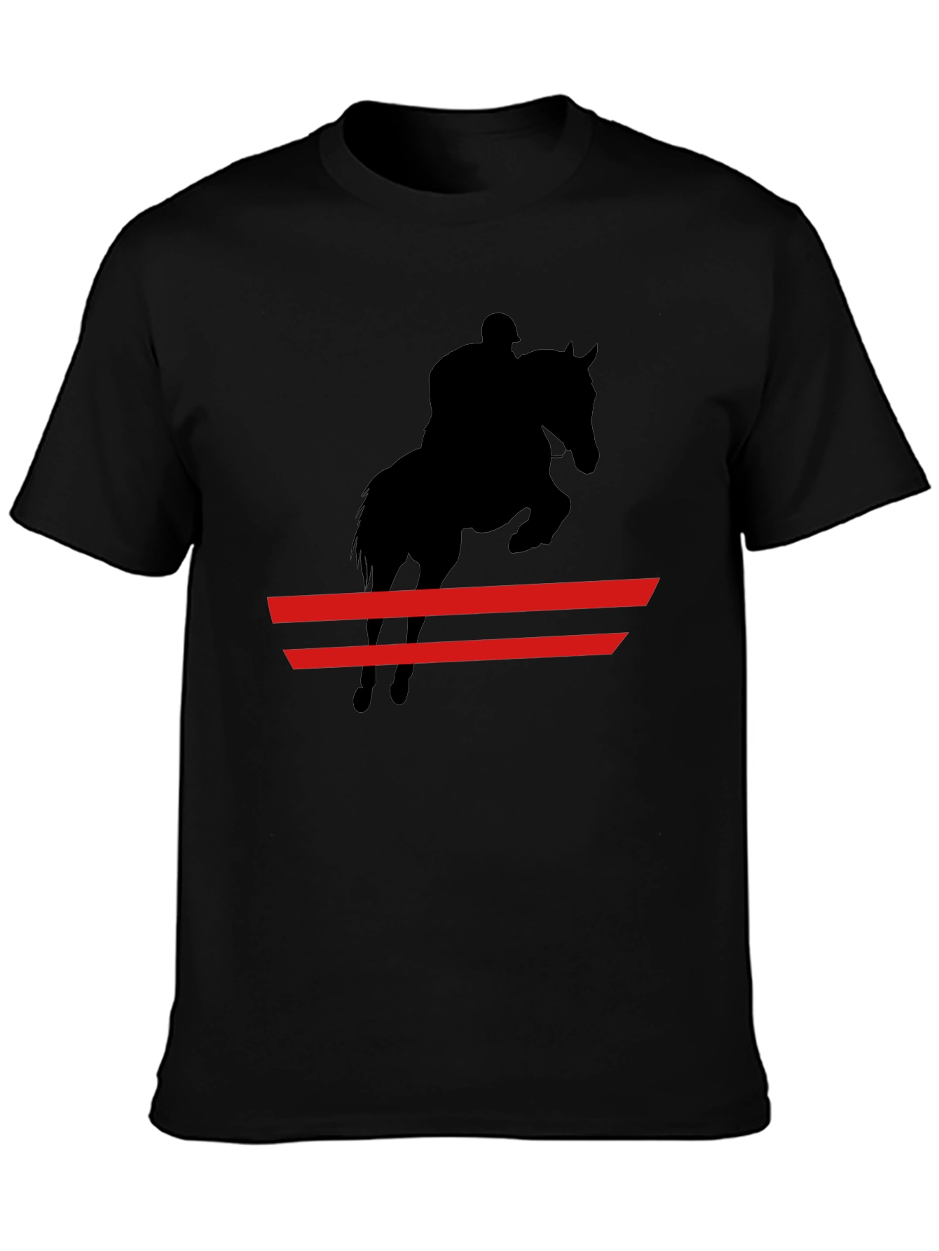 Equestrian Black T-Shirt: Horse & Rider Jumping