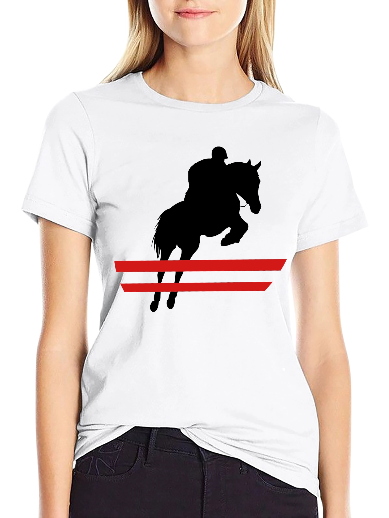 Equestrian Black T-Shirt: Horse & Rider Jumping