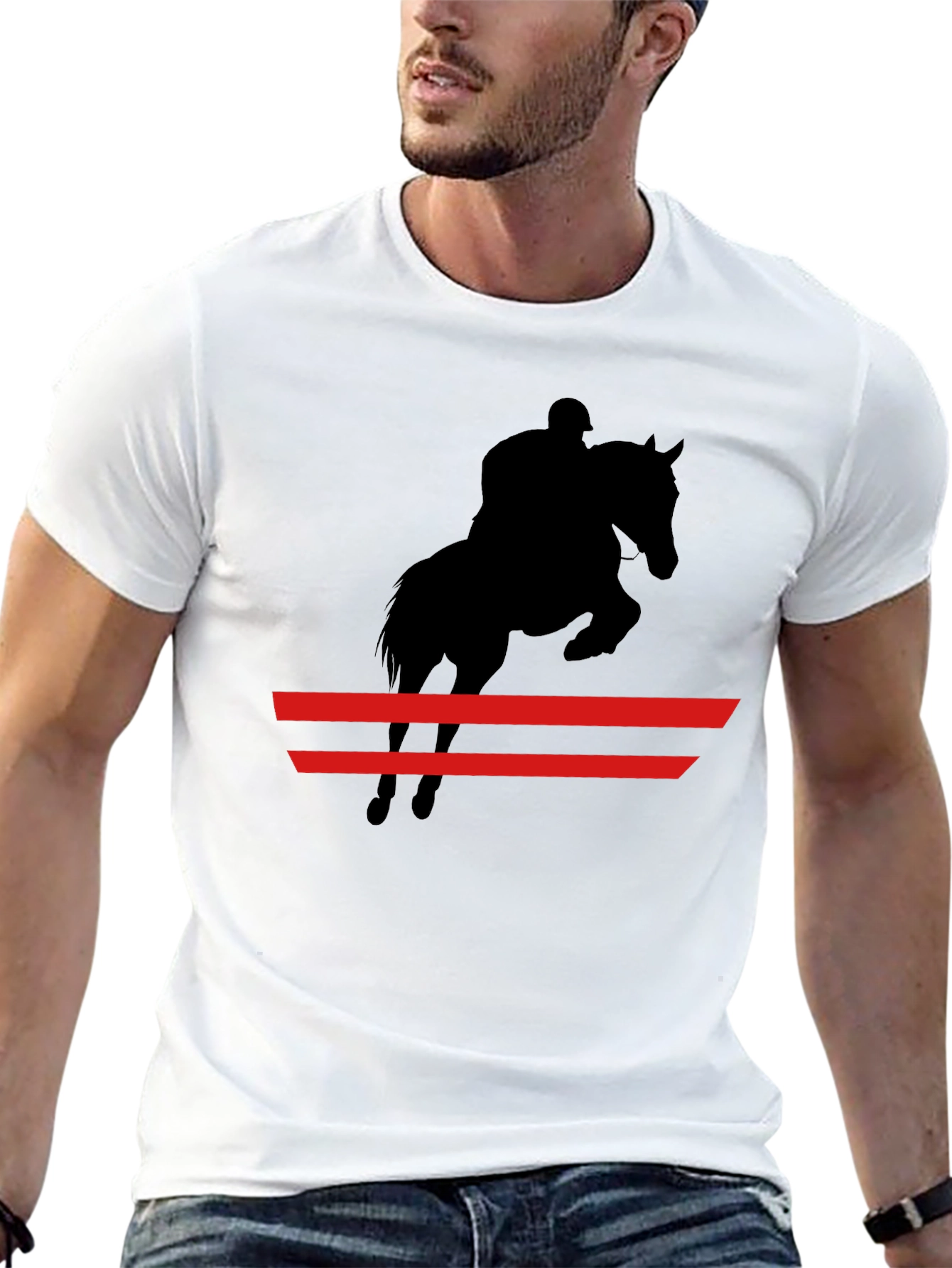 Equestrian Black T-Shirt: Horse & Rider Jumping