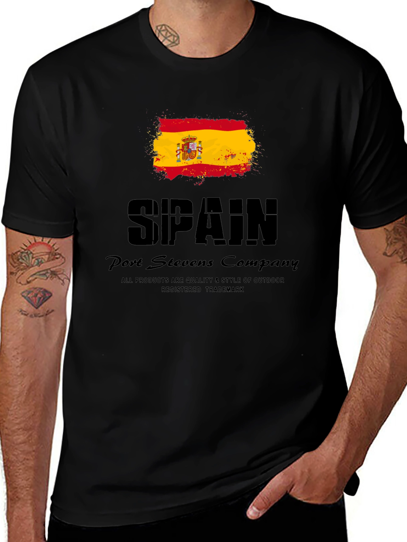Spain Flag Graphic Print Black T-Shirt