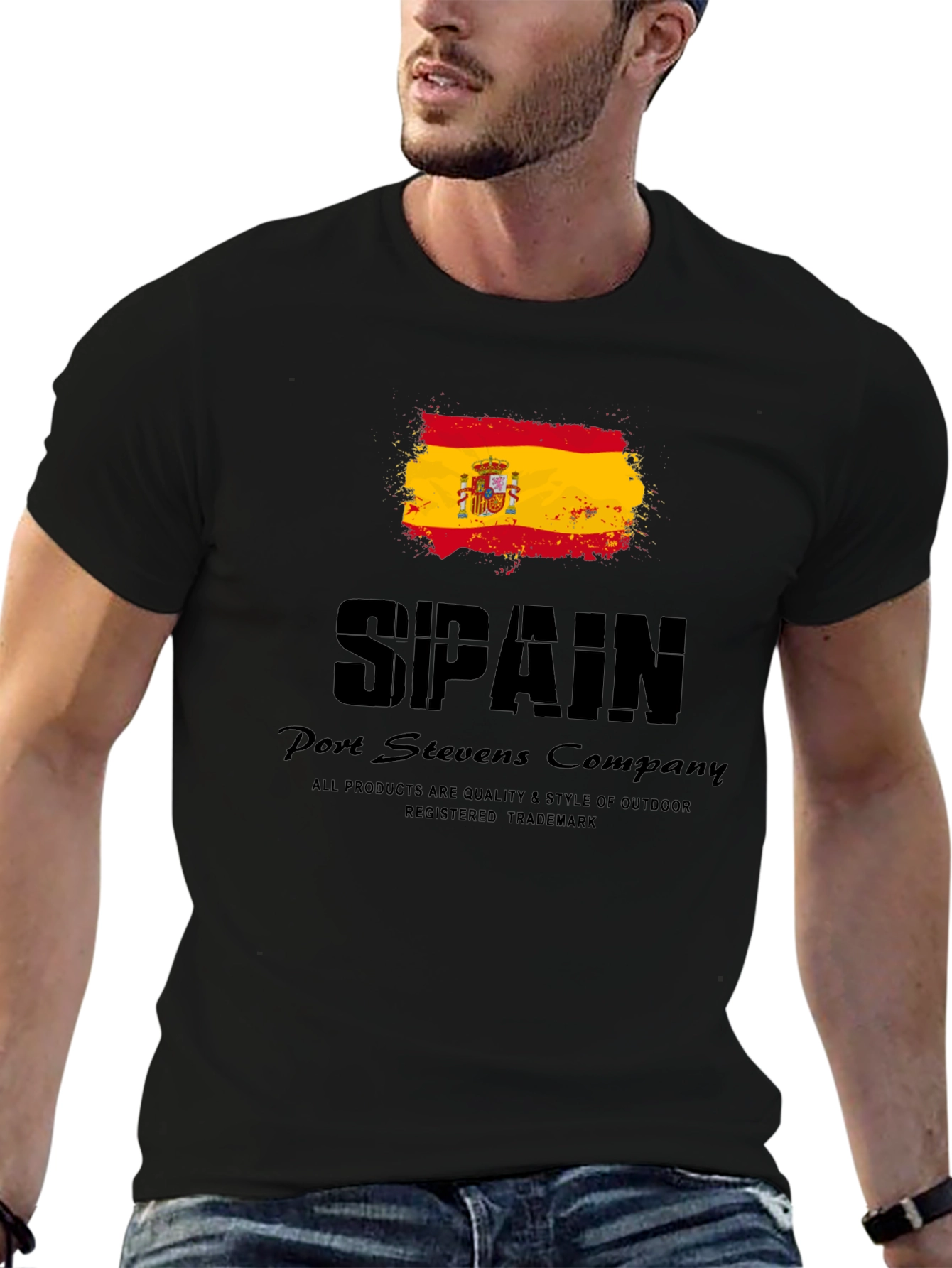 Spain Flag Graphic Print Black T-Shirt