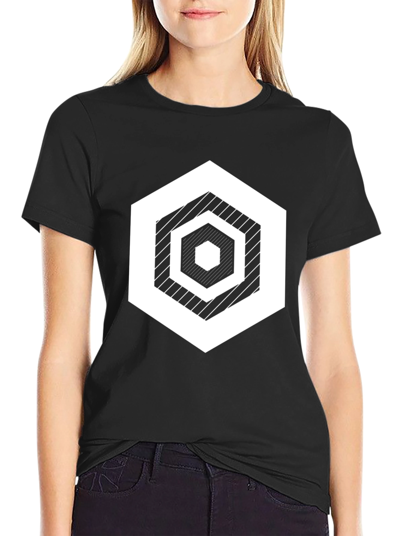 Geometric Hexagon Graphic Print Black T-Shirt