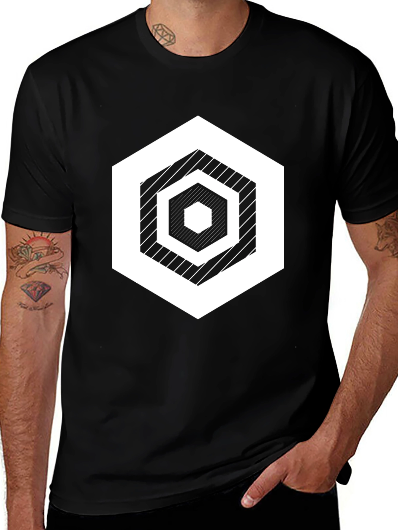 Geometric Hexagon Graphic Print Black T-Shirt