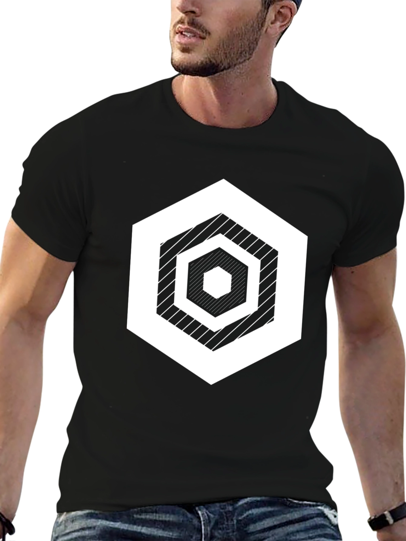 Geometric Hexagon Graphic Print Black T-Shirt