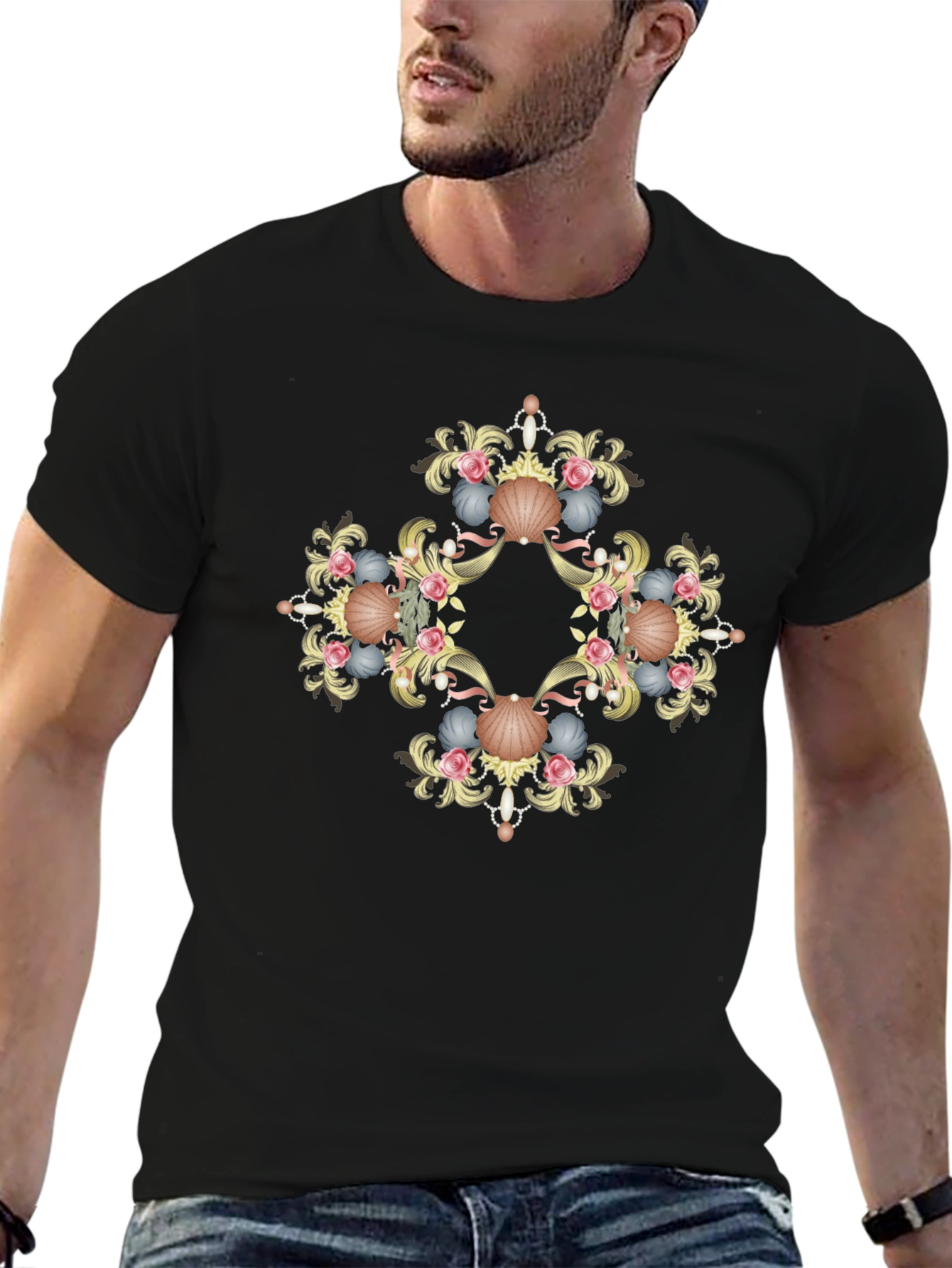 Ornate Seashell Graphic Tee - Black Cotton Shirt