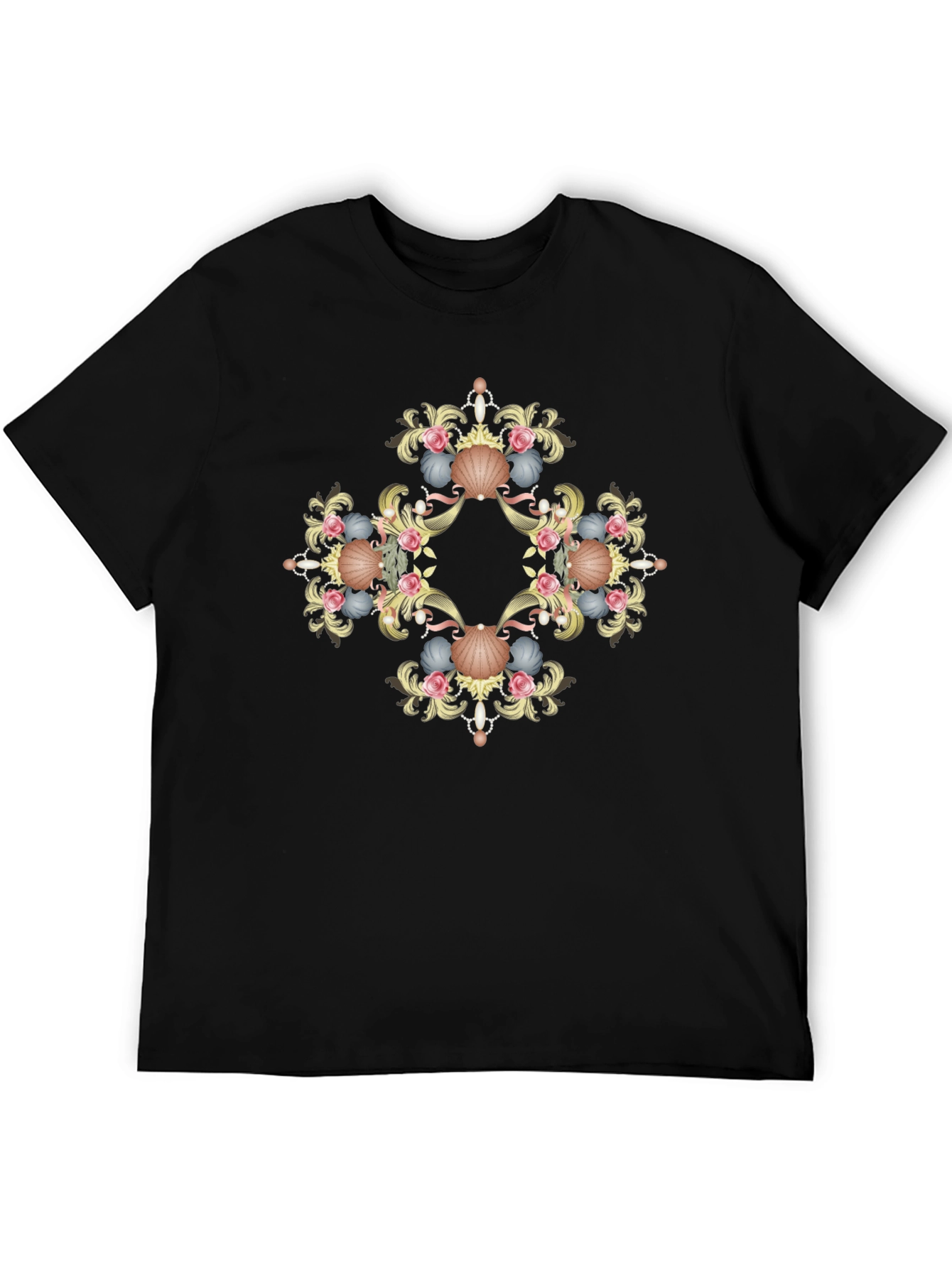 Ornate Seashell Graphic Tee - Black Cotton Shirt