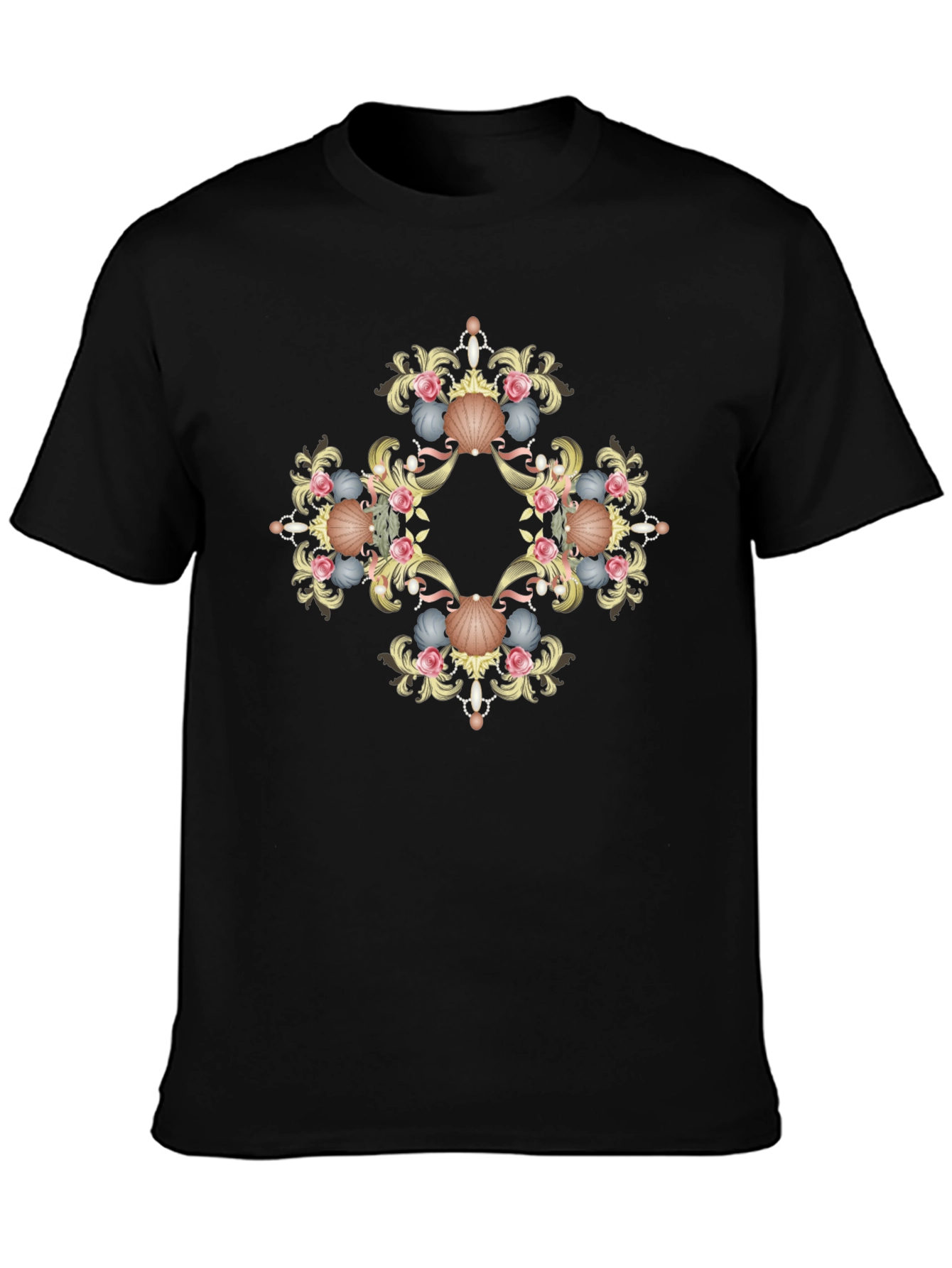 Ornate Seashell Graphic Tee - Black Cotton Shirt