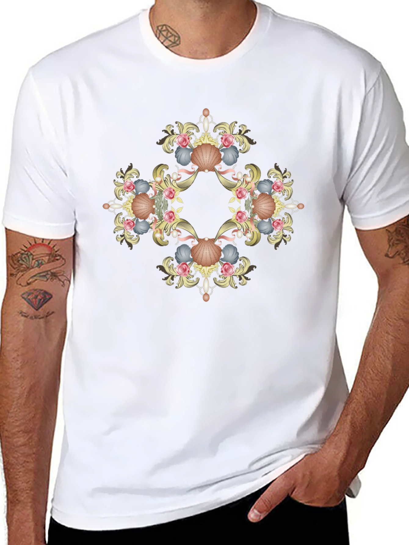 Ornate Seashell Graphic Tee - Black Cotton Shirt