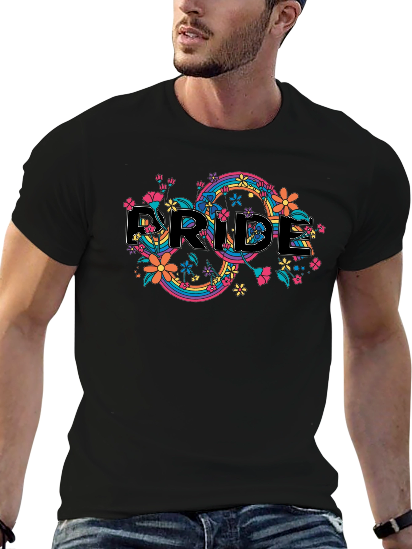 Pride Floral Black T-Shirt - Rainbow