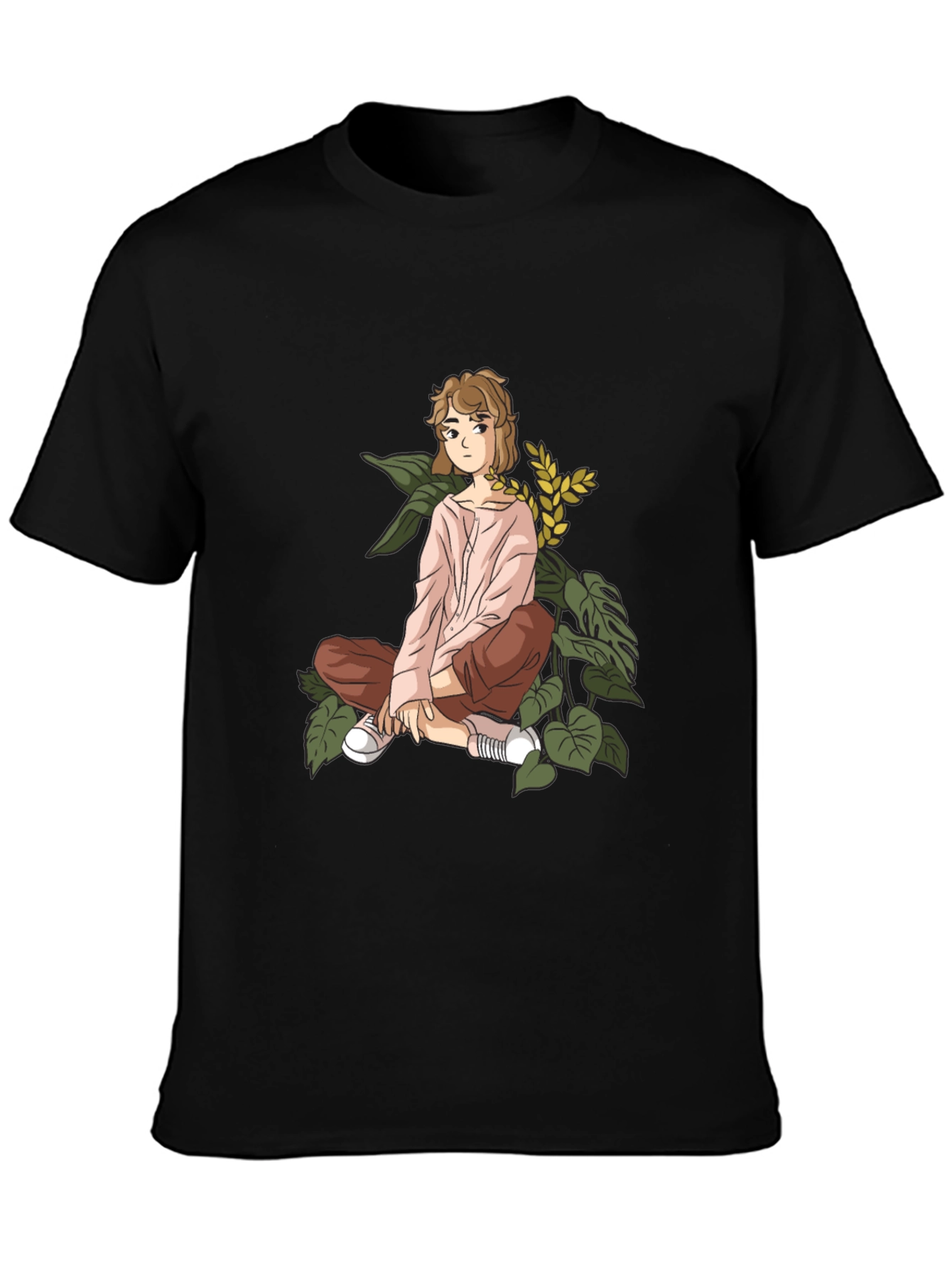 Anime Girl Print Black Cotton Tee