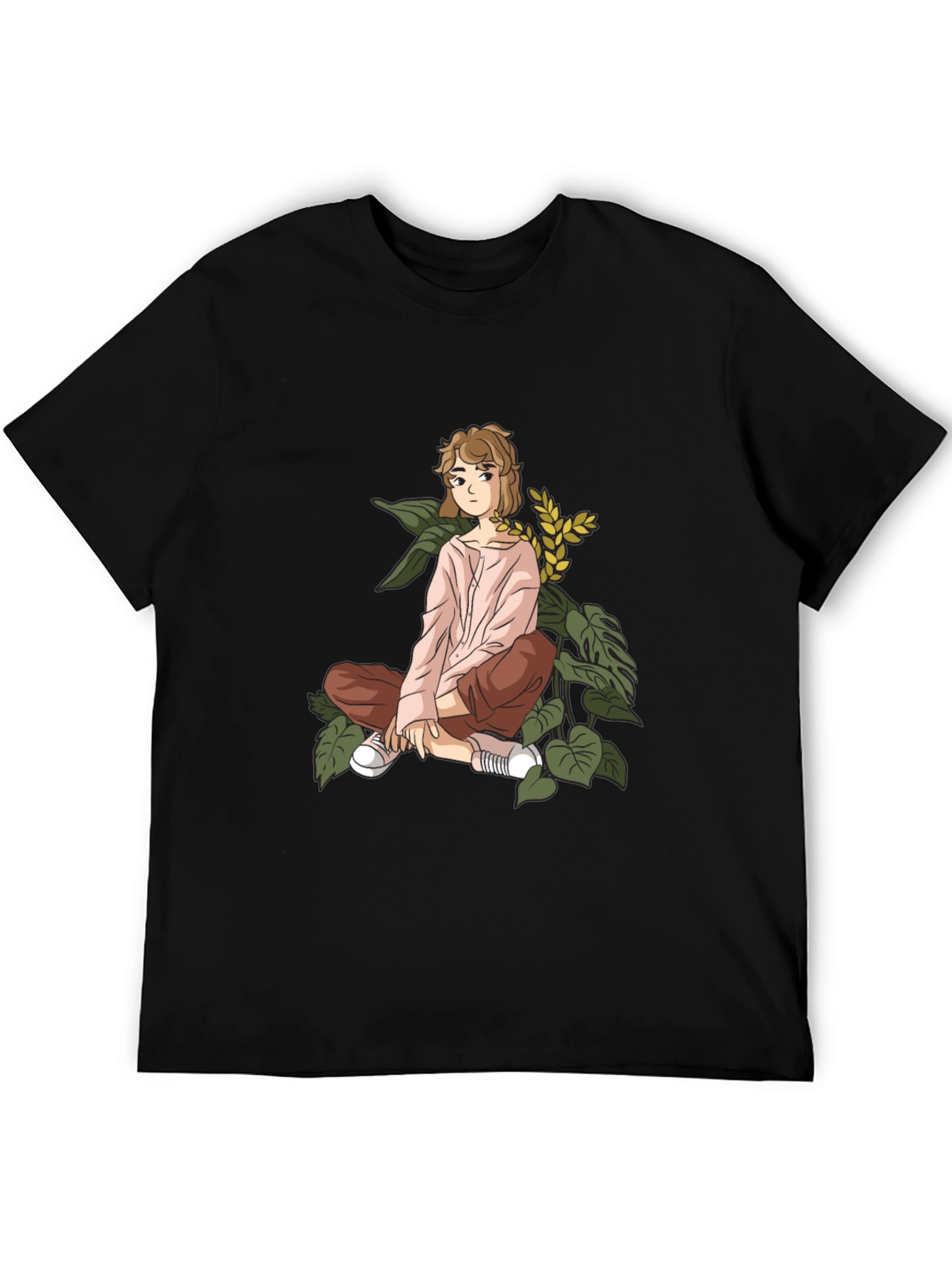 Anime Girl Print Black Cotton Tee