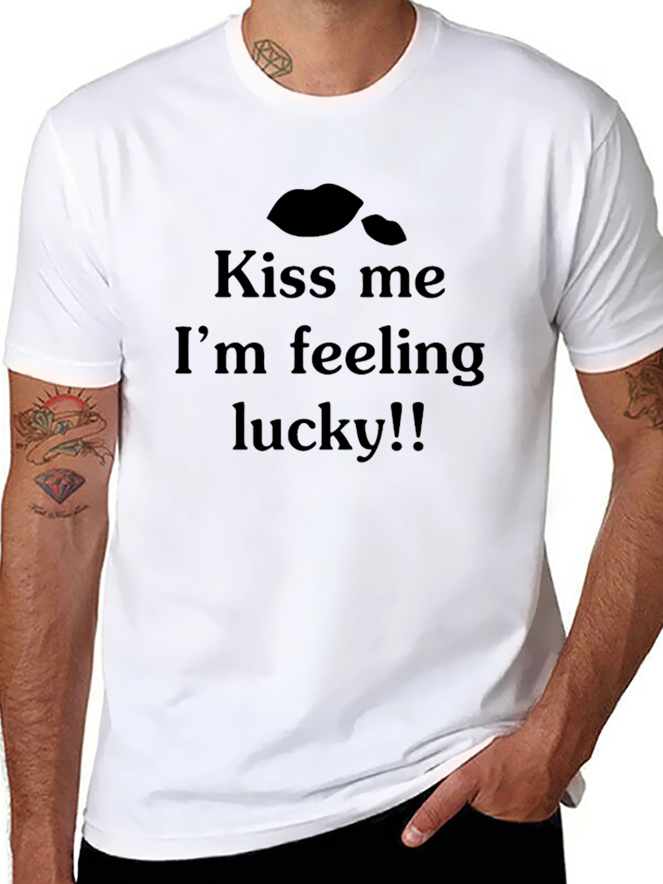 Kiss Me Im Feeling Lucky Mens Black T-Shirt