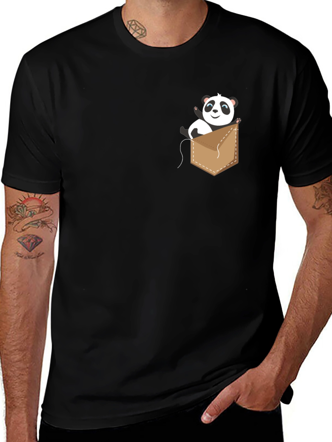 Cute Panda Pocket Graphic T-Shirt - Black