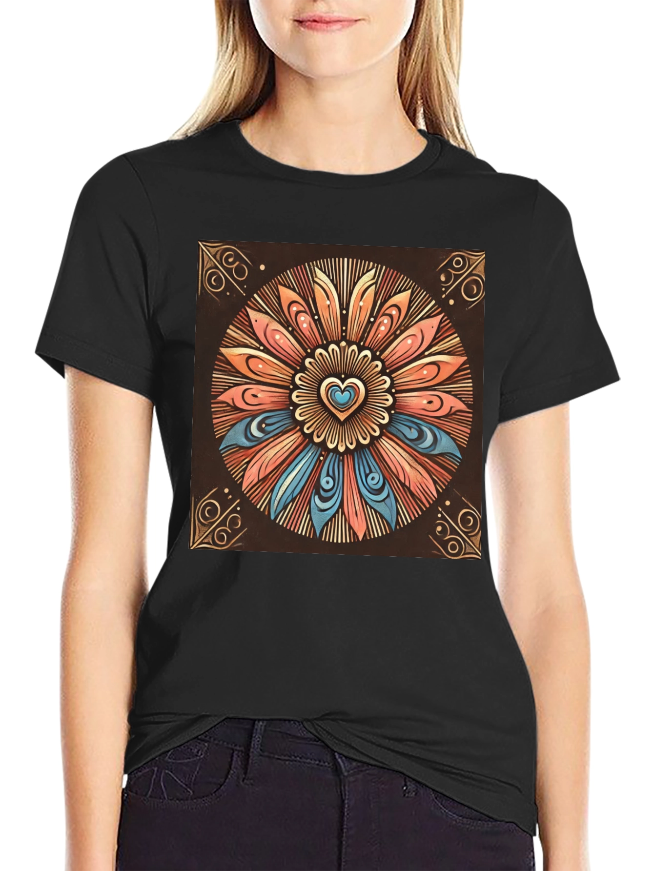 Boho Heart Mandala Graphic Tee - Stylish Comfort