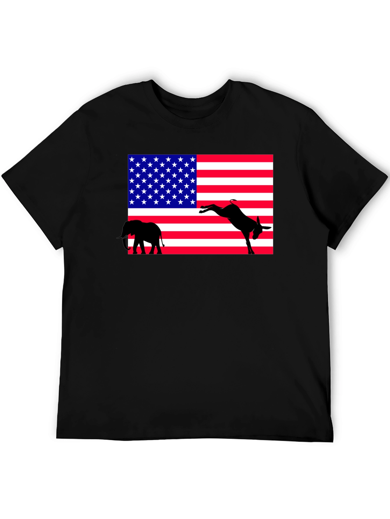 Political Humor Tee: American Flag Donkey Kicking Elephant