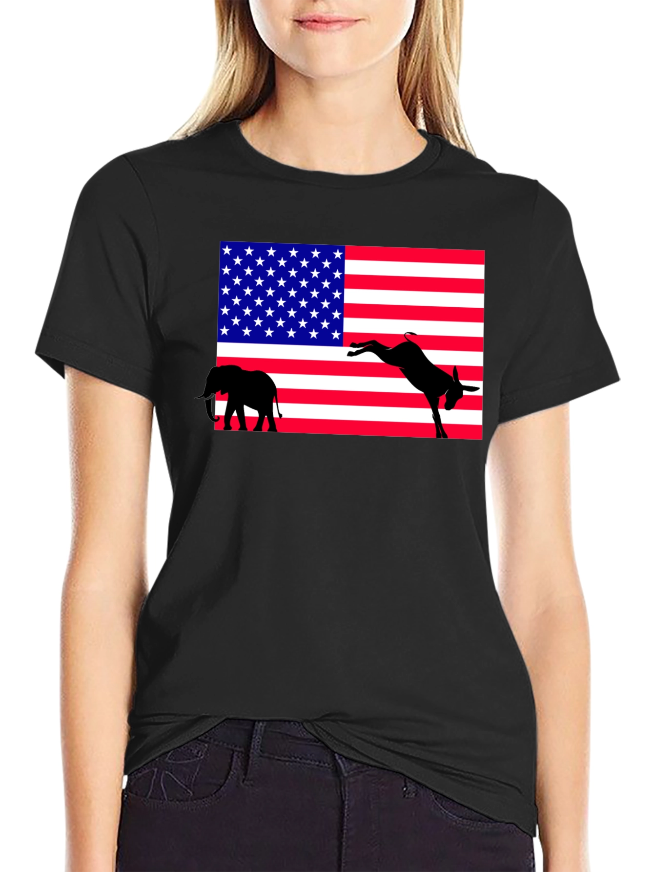 Political Humor Tee: American Flag Donkey Kicking Elephant