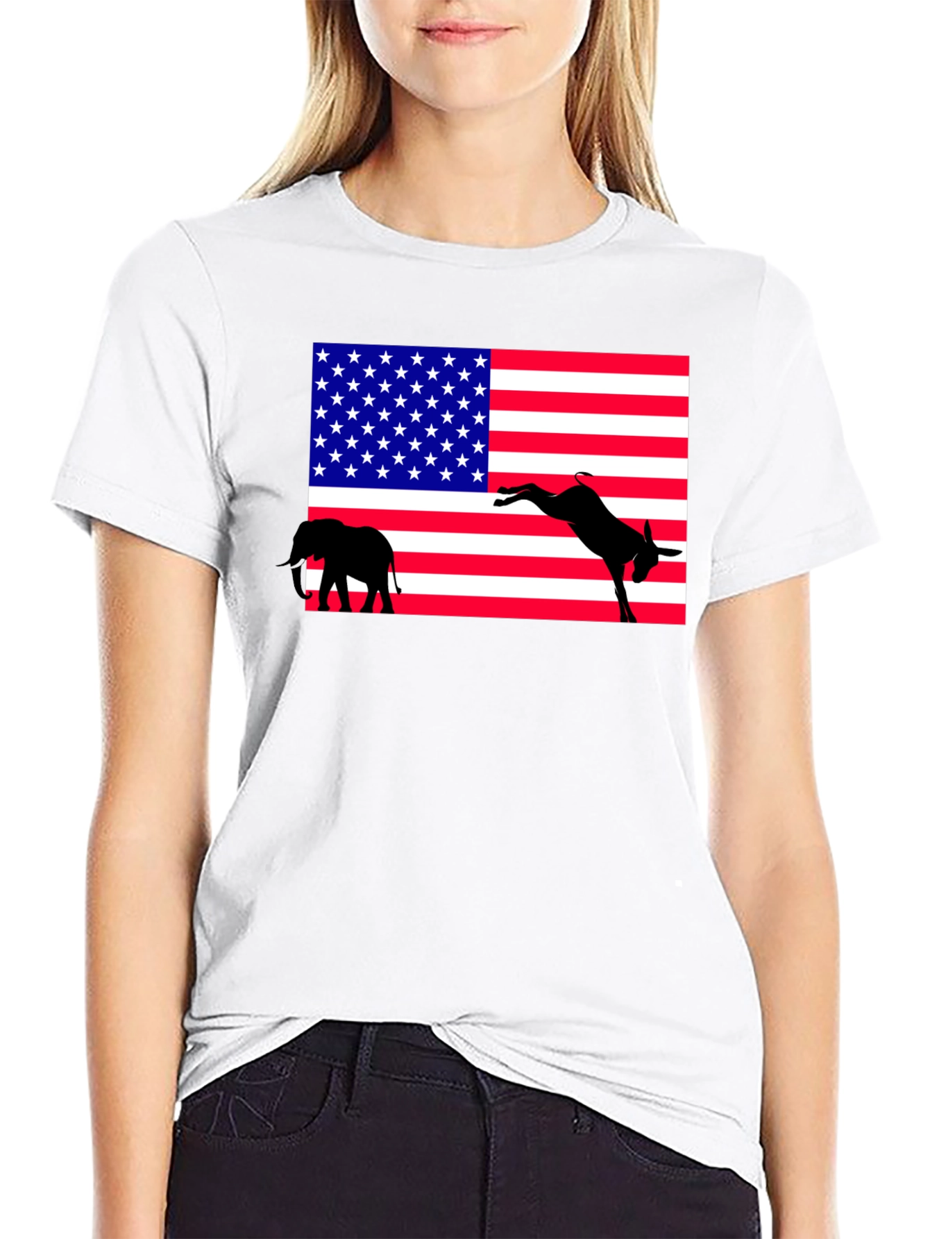 Political Humor Tee: American Flag Donkey Kicking Elephant