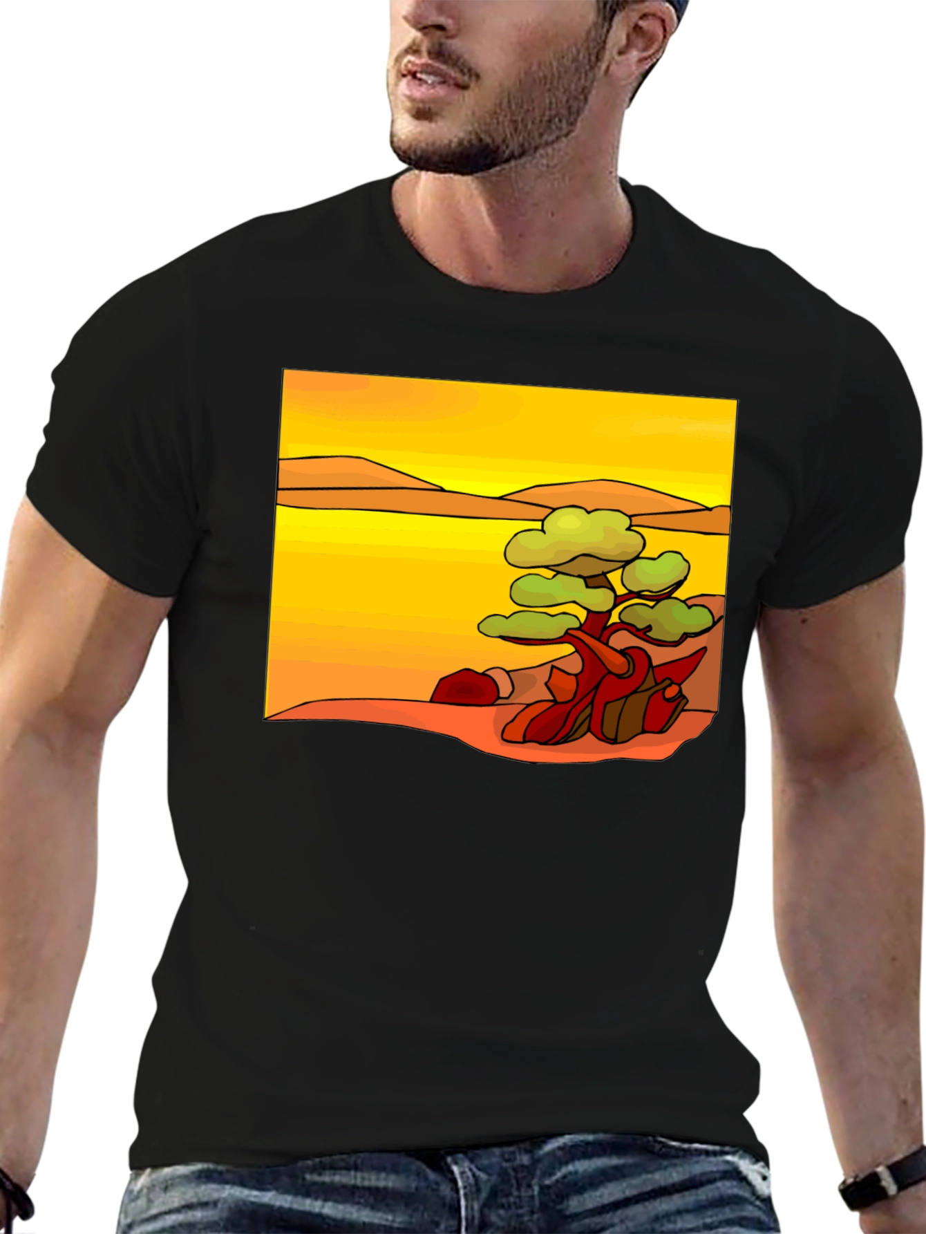 Stylized Desert Tree Graphic Tee - Black