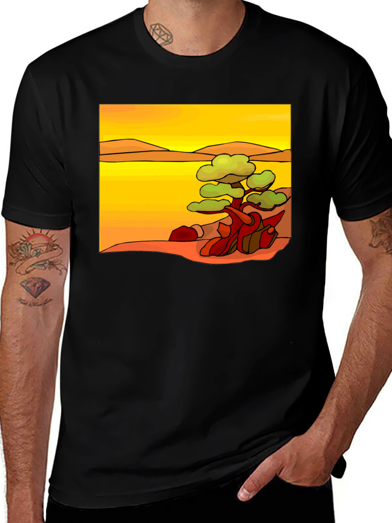 Stylized Desert Tree Graphic Tee - Black
