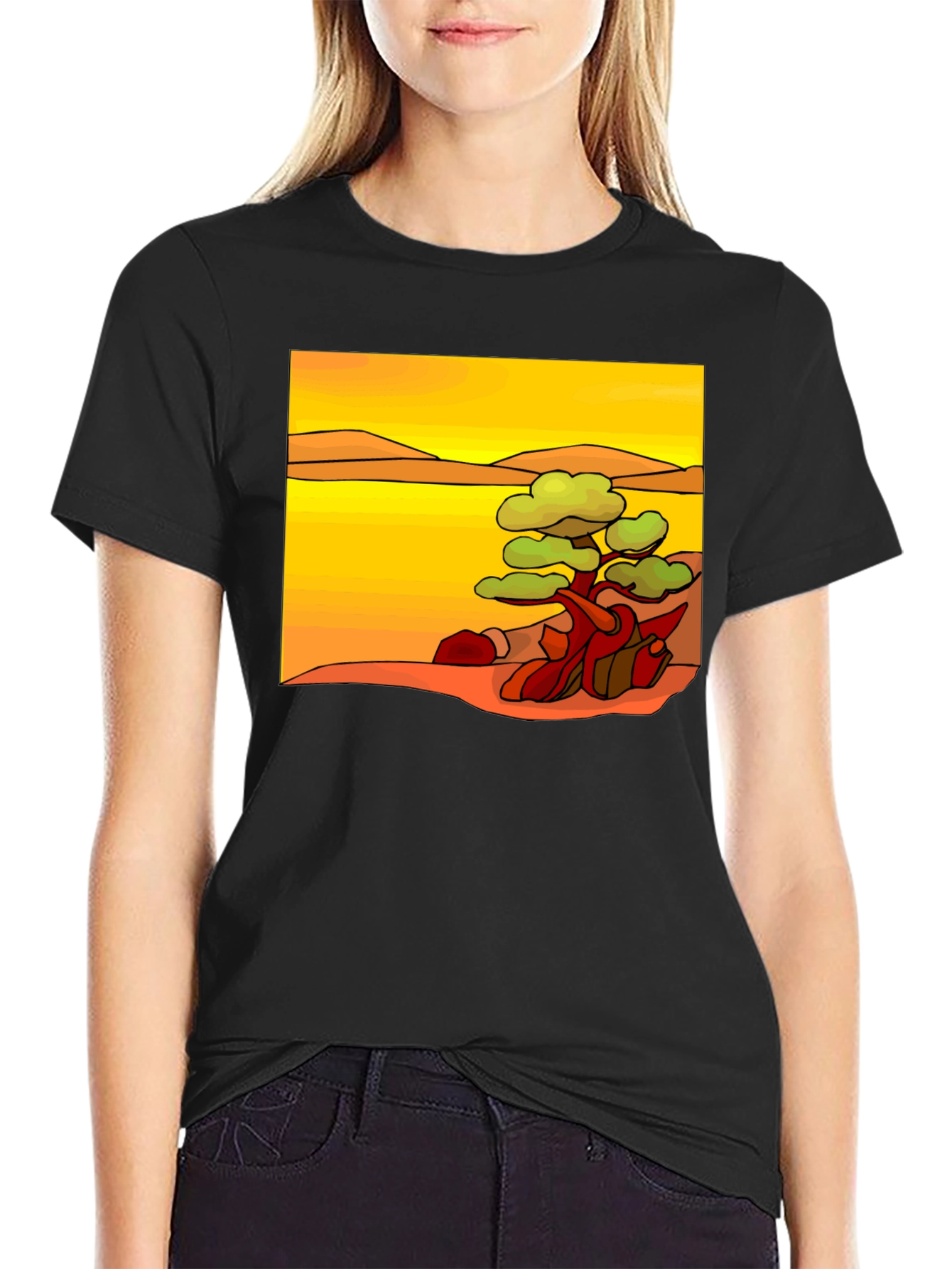 Stylized Desert Tree Graphic Tee - Black