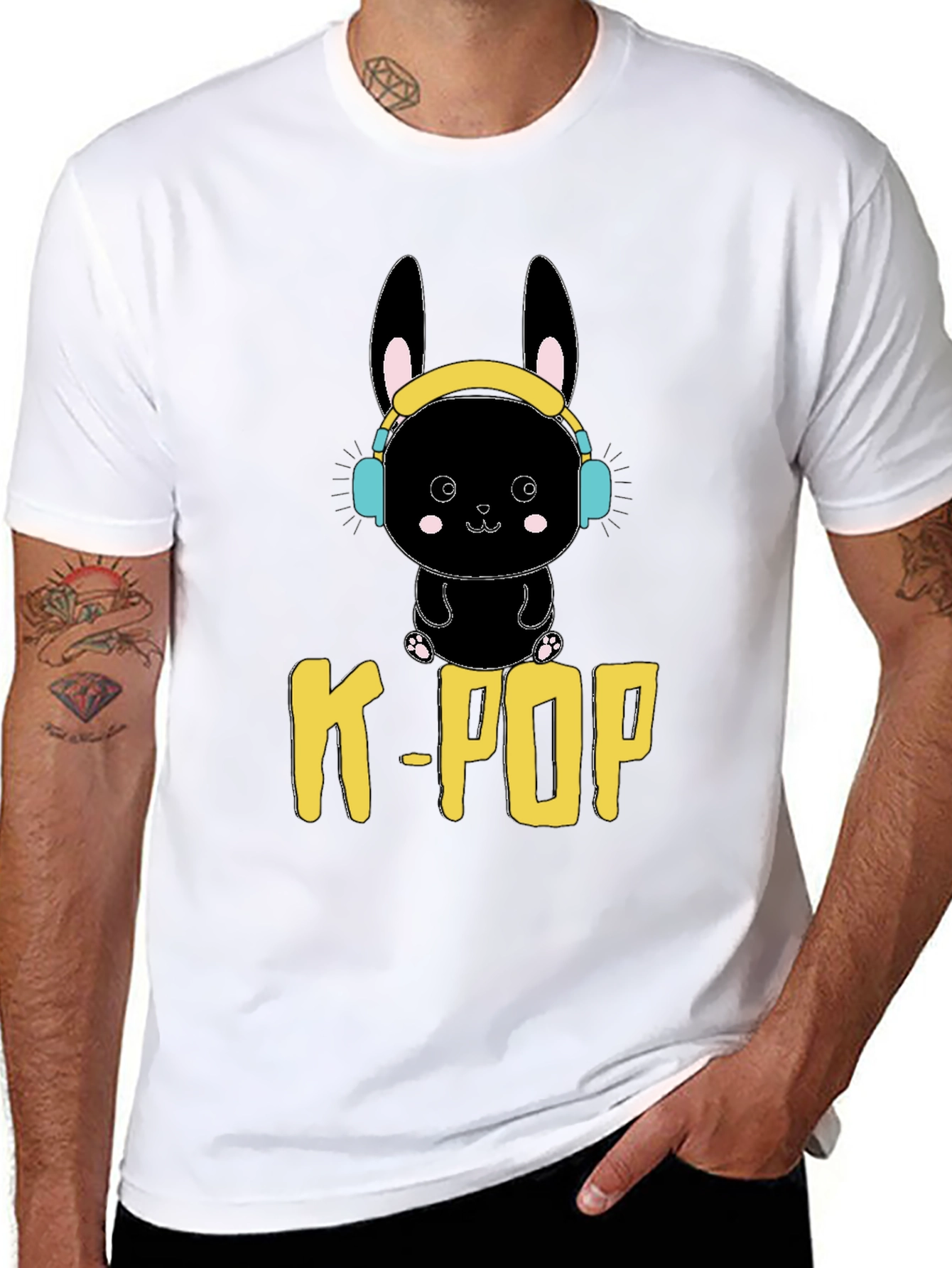 K-Pop Bunny Graphic Tee - Black