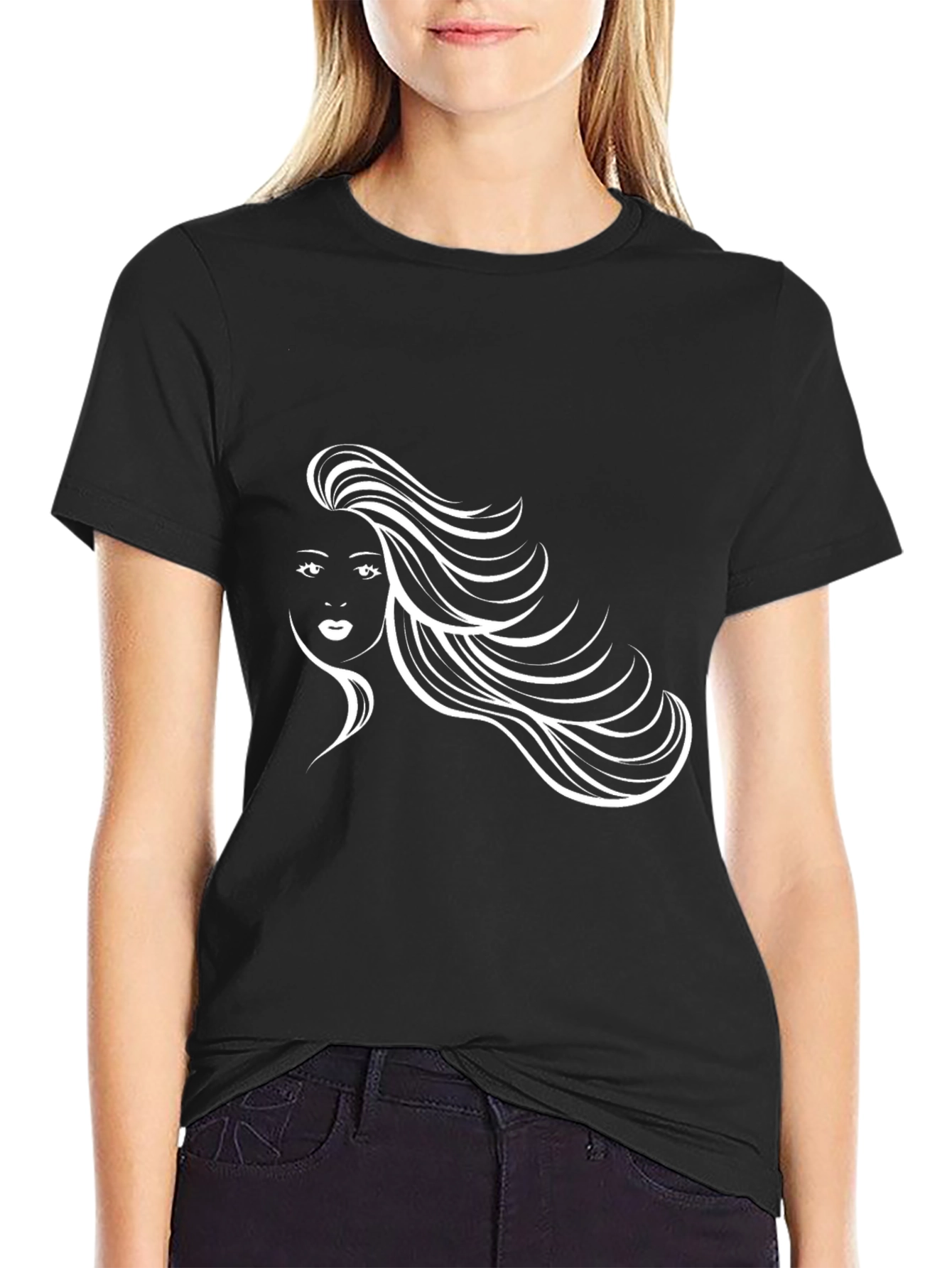 Stylish Black Tee with Woman Portrait