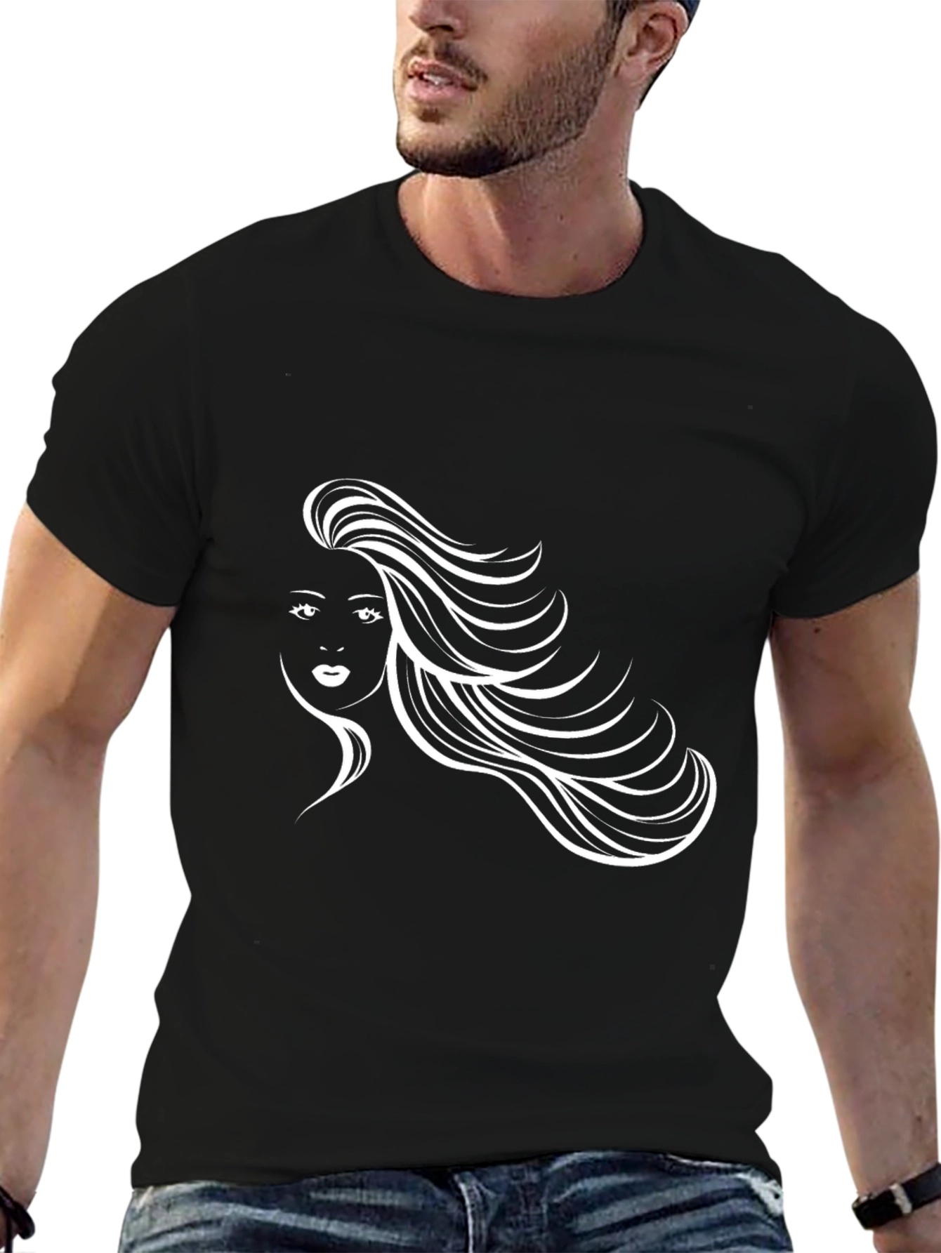 Stylish Black Tee with Woman Portrait