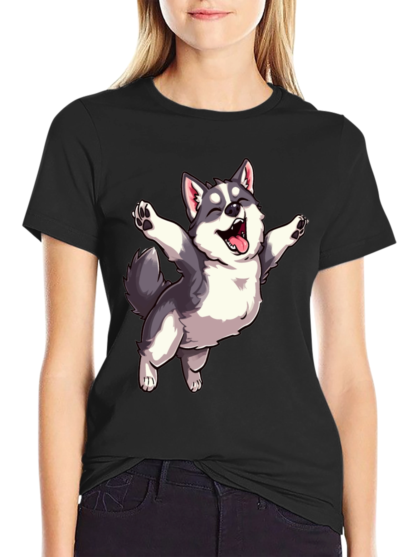 Cute Husky Dog Graphic T-Shirt - Black