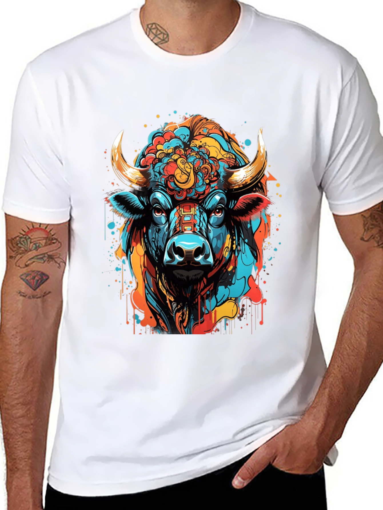 Vibrant Bull Graphic Tee - Stylish Mens Black T-Shirt