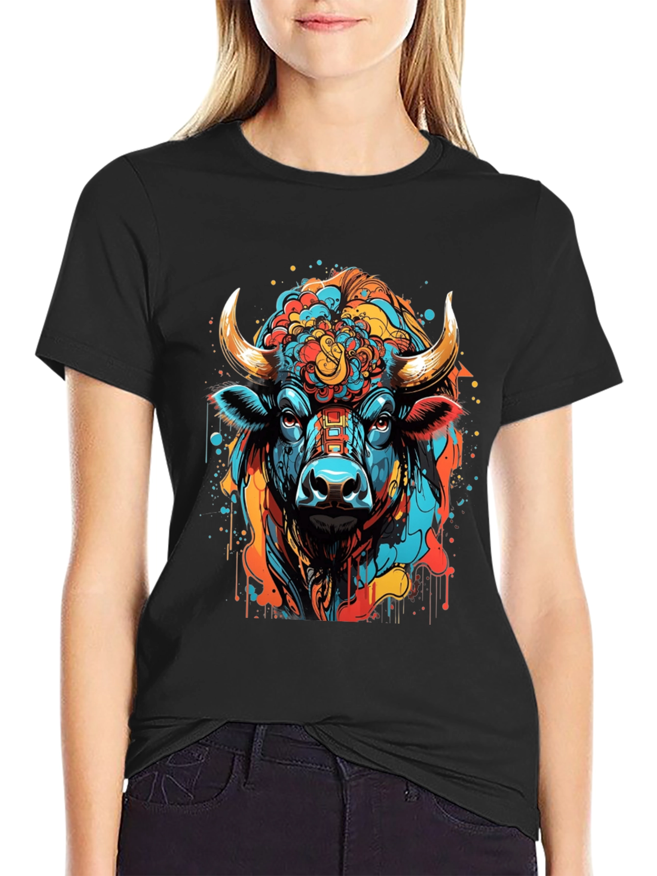 Vibrant Bull Graphic Tee - Stylish Mens Black T-Shirt