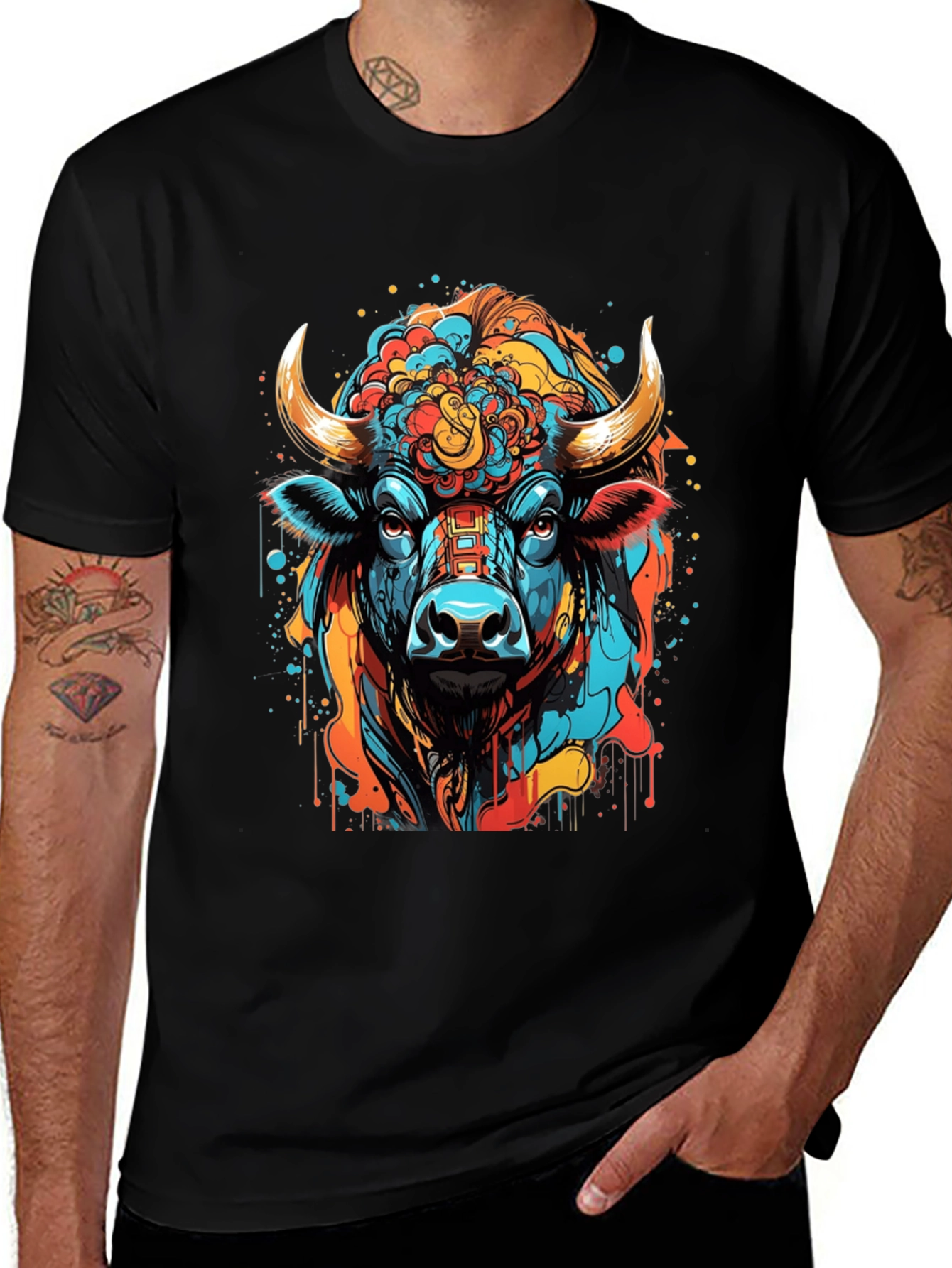Vibrant Bull Graphic Tee - Stylish Mens Black T-Shirt