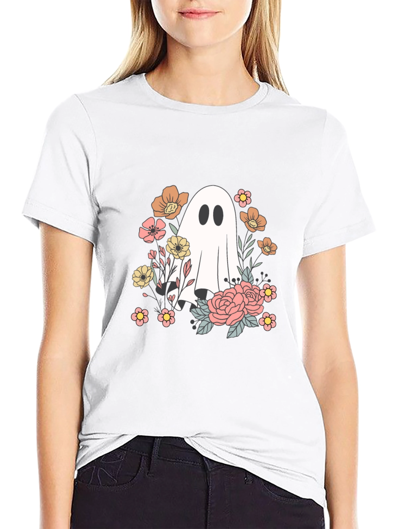 Floral Ghost Graphic Tee - Spooky Season Shirt