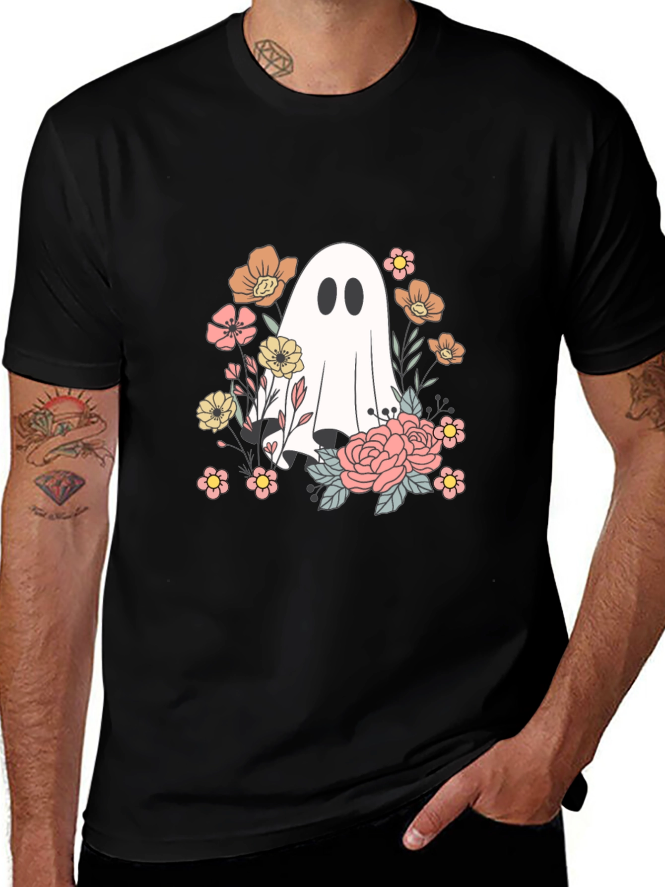 Floral Ghost Graphic Tee - Spooky Season Shirt