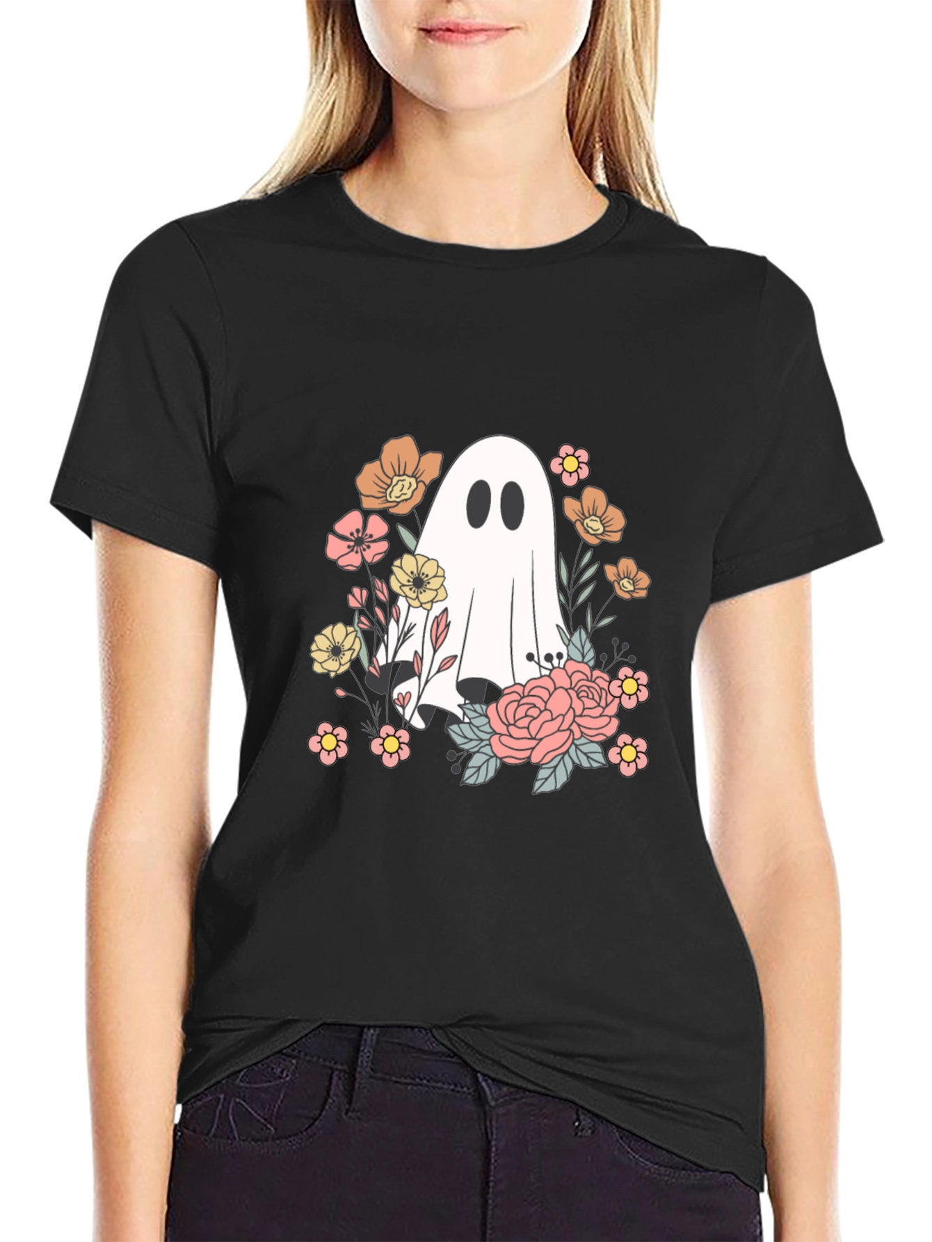 Floral Ghost Graphic Tee - Spooky Season Shirt