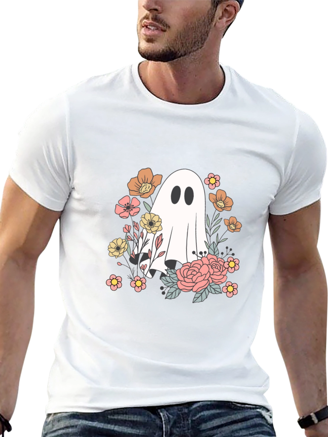 Floral Ghost Graphic Tee - Spooky Season Shirt