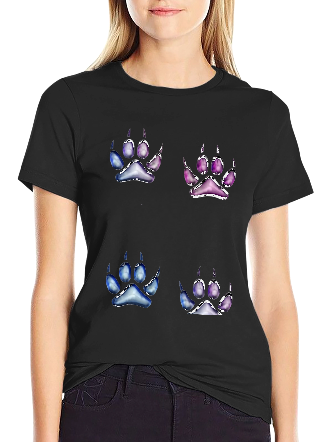Unique Paw Print Graphic Tee - Black Cotton Blend