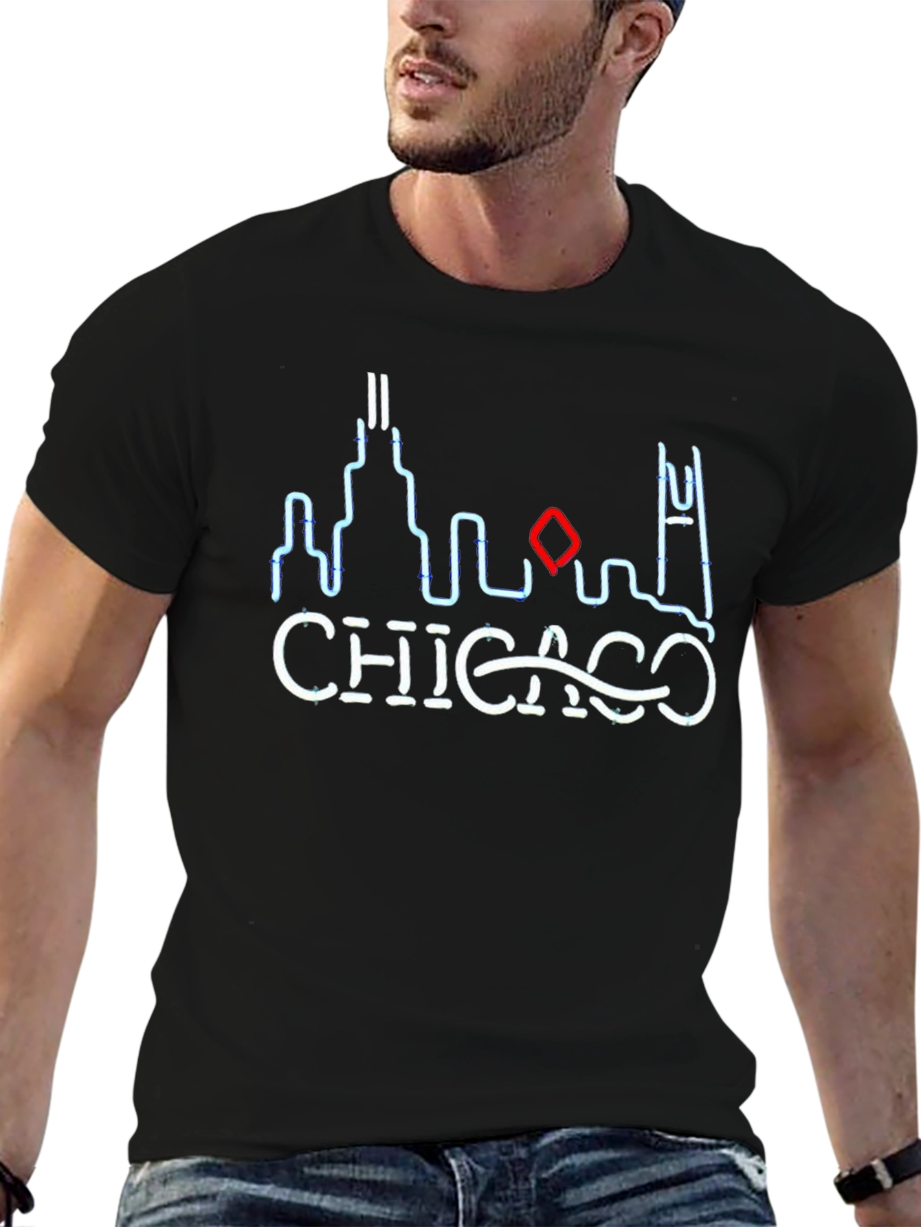 Chicago Skyline Neon Graphic Tee - Black