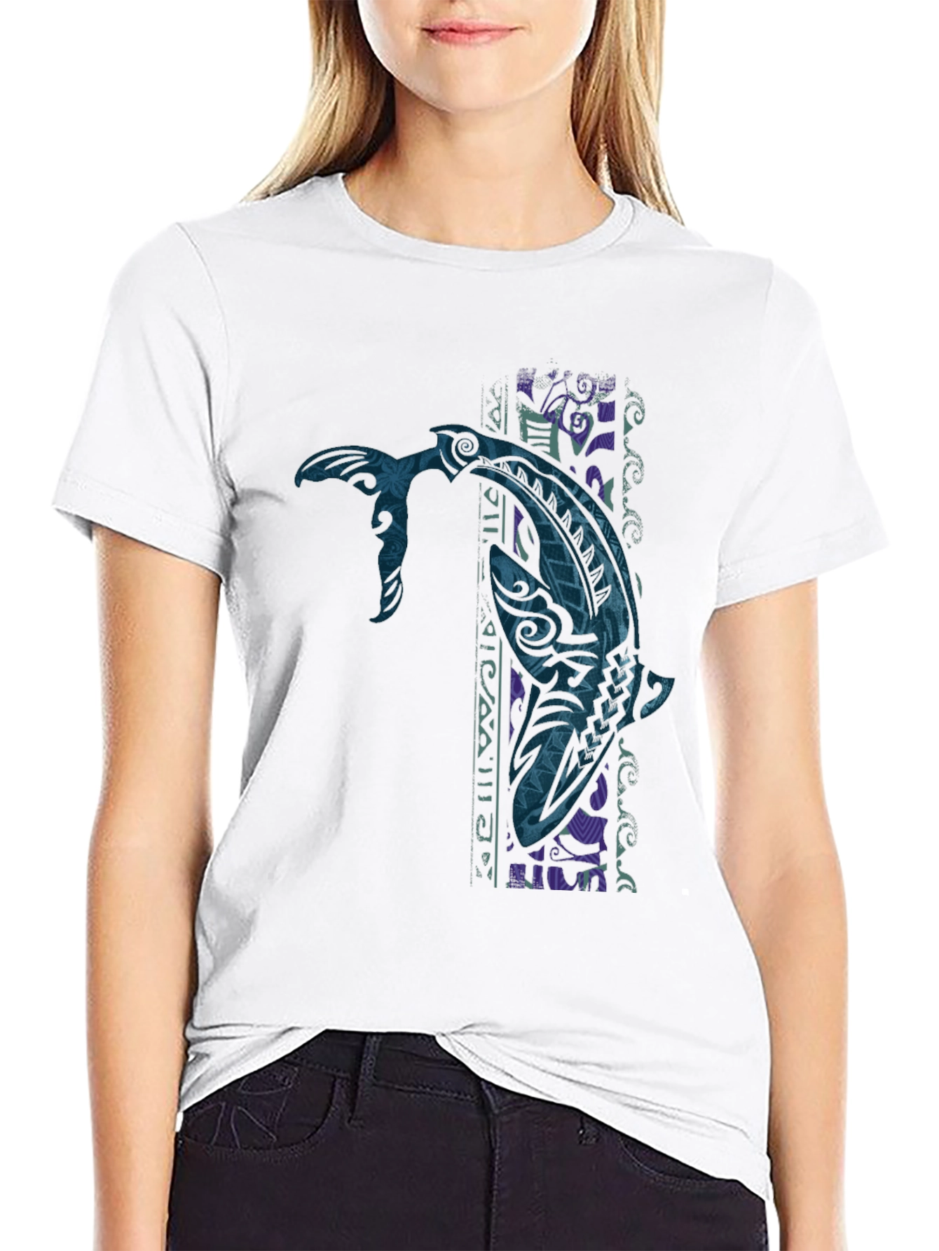 Tribal Tattoo Whale Graphic Tee - Black
