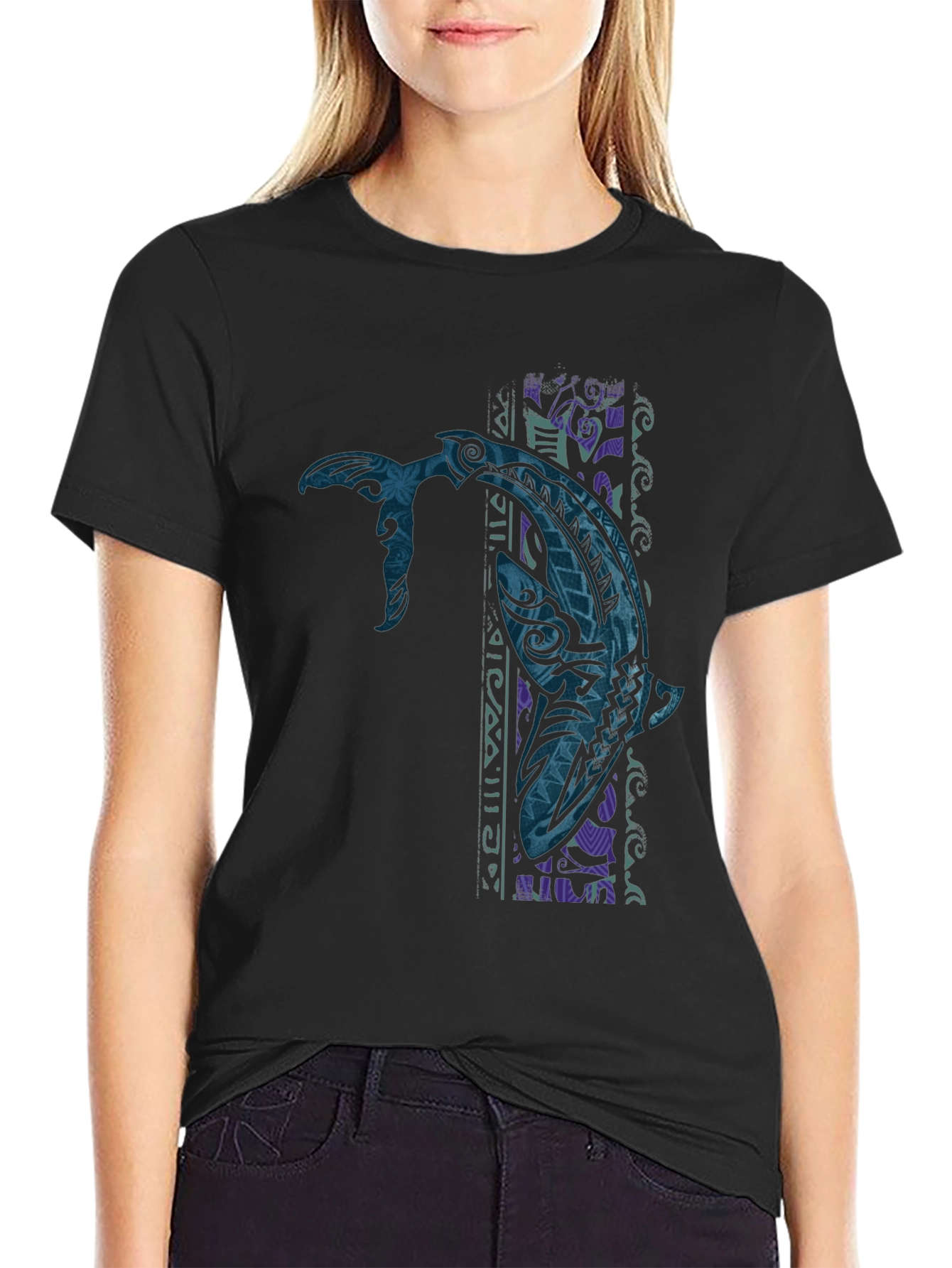Tribal Tattoo Whale Graphic Tee - Black