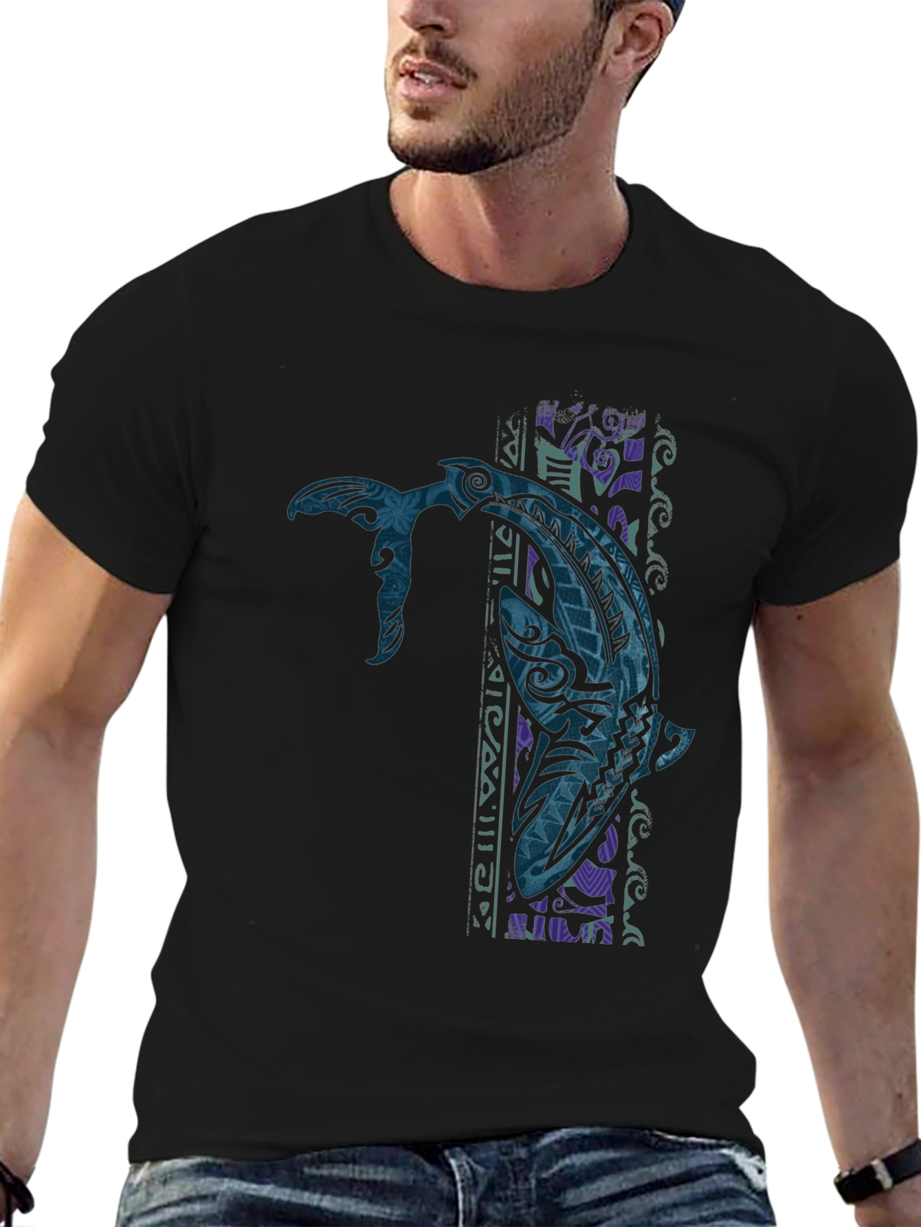 Tribal Tattoo Whale Graphic Tee - Black