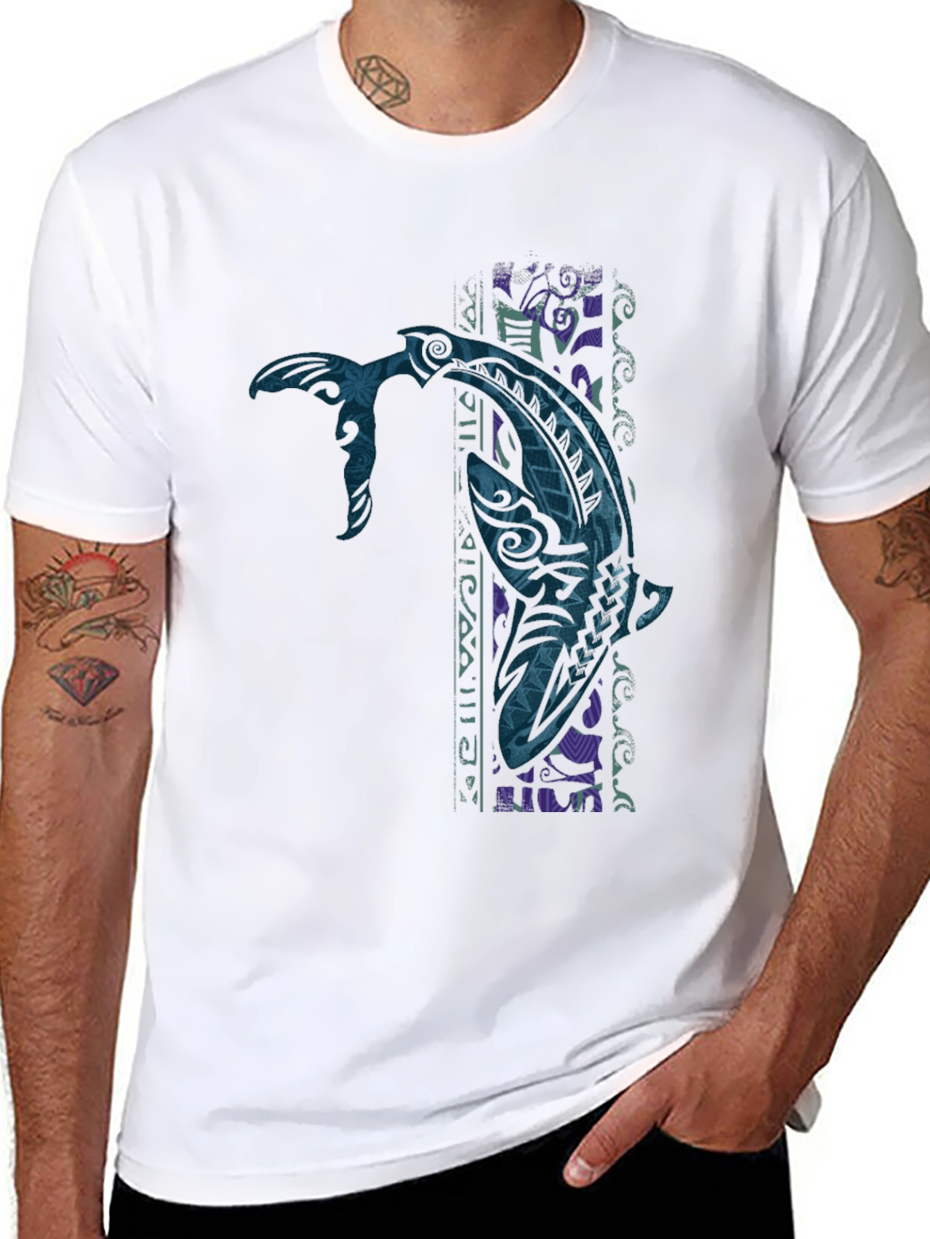 Tribal Tattoo Whale Graphic Tee - Black