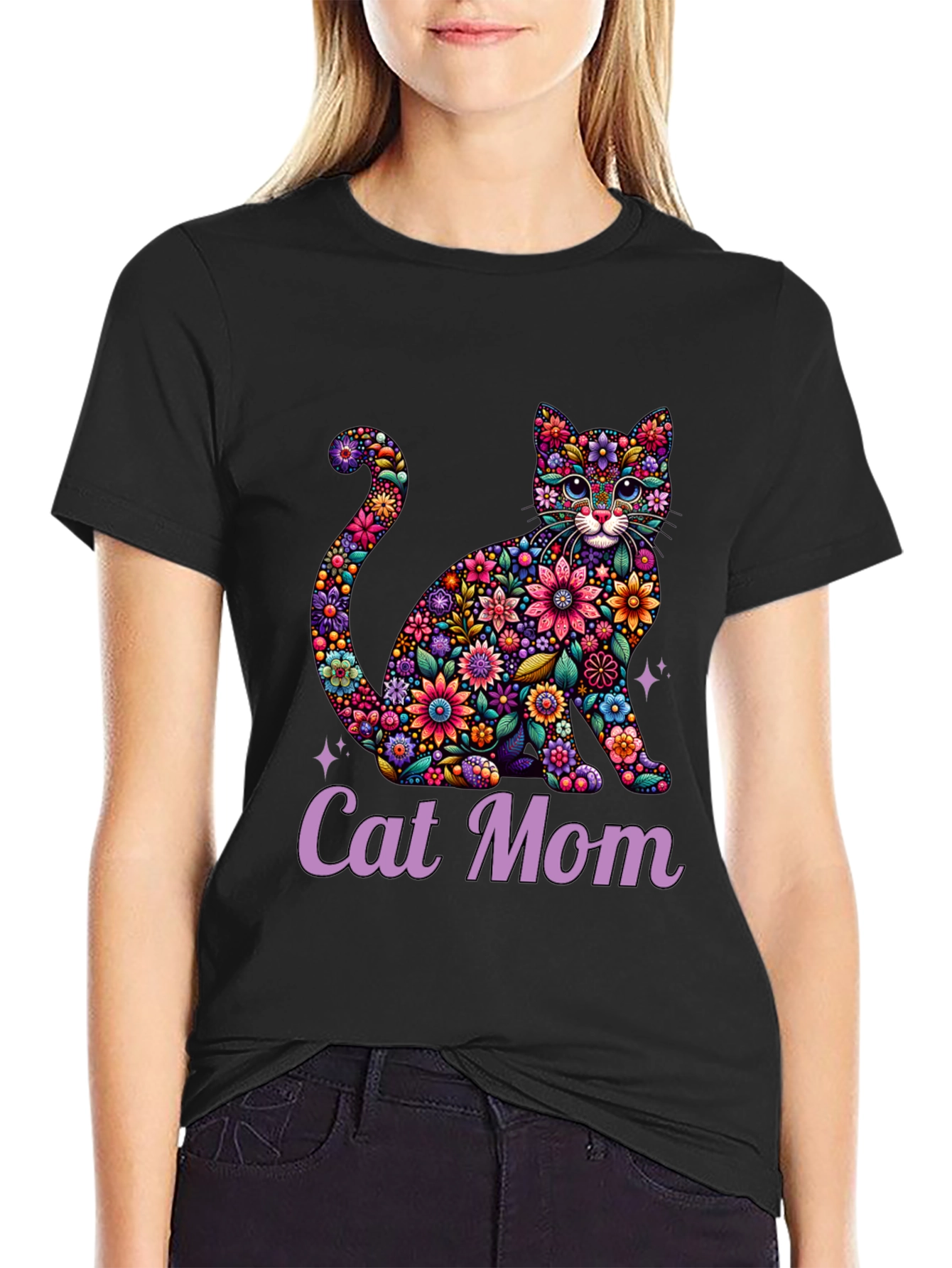 Floral Cat Mom T-Shirt - Unique Design