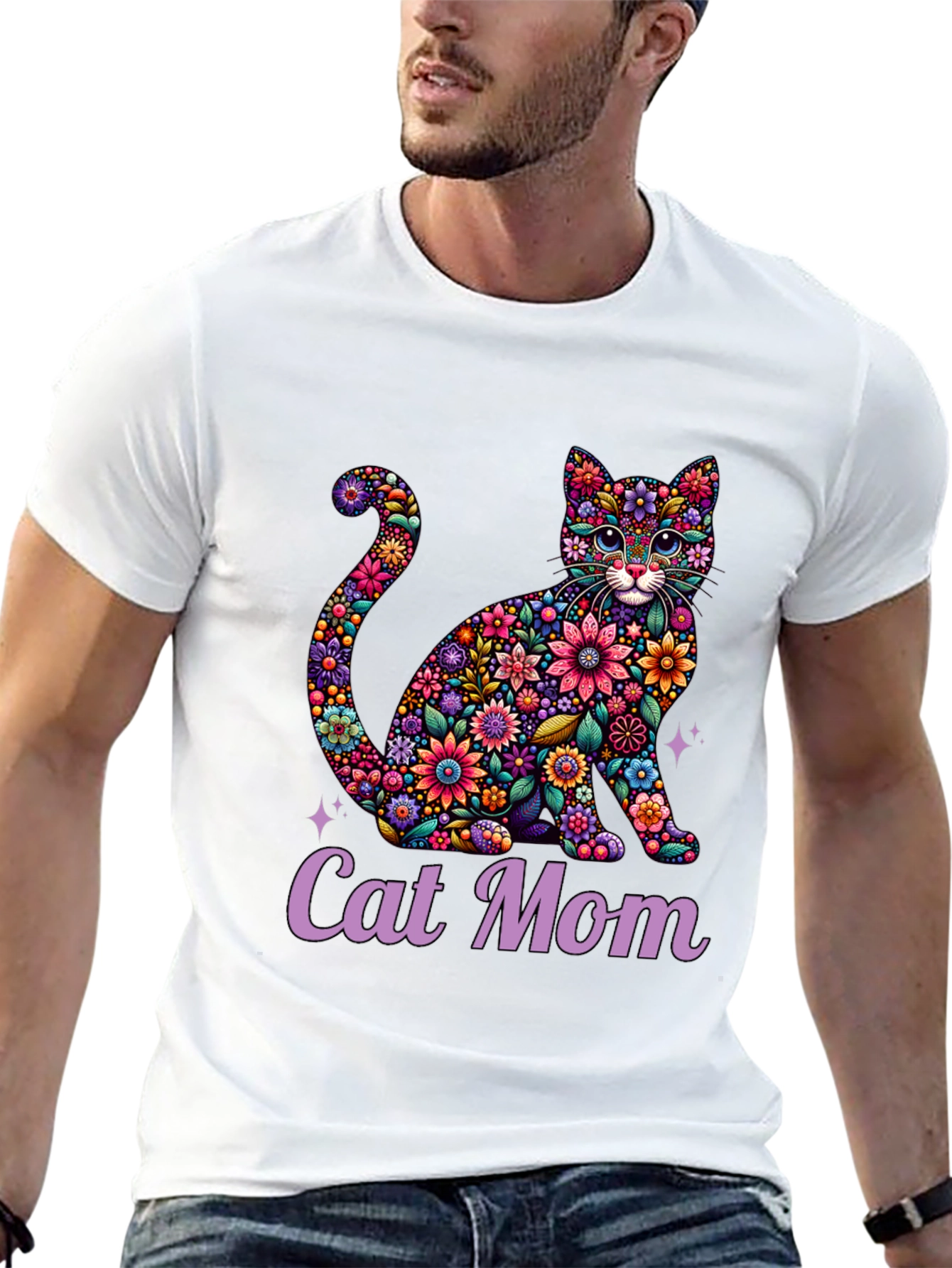 Floral Cat Mom T-Shirt - Unique Design