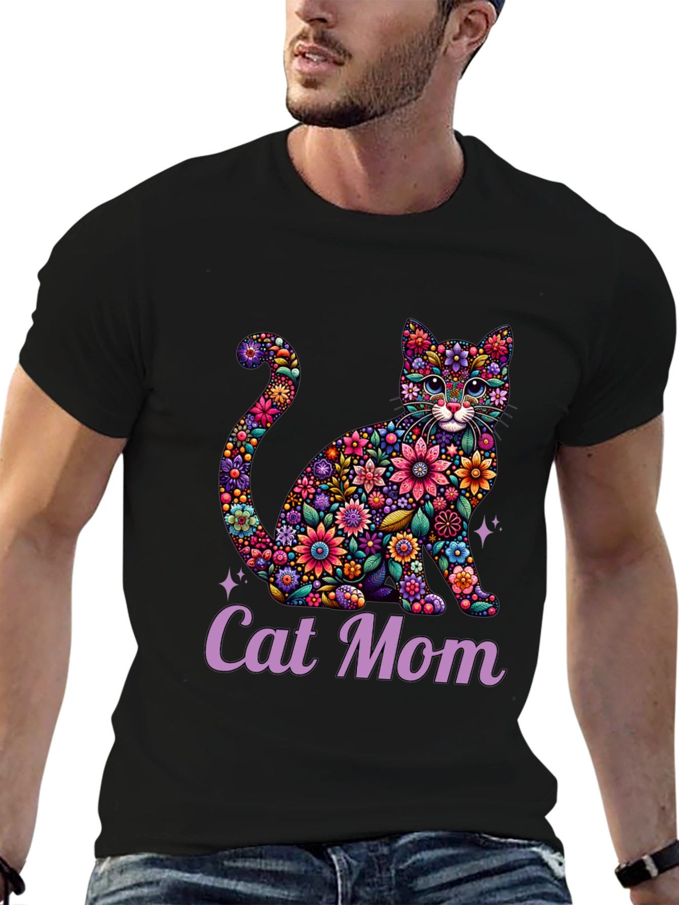Floral Cat Mom T-Shirt - Unique Design