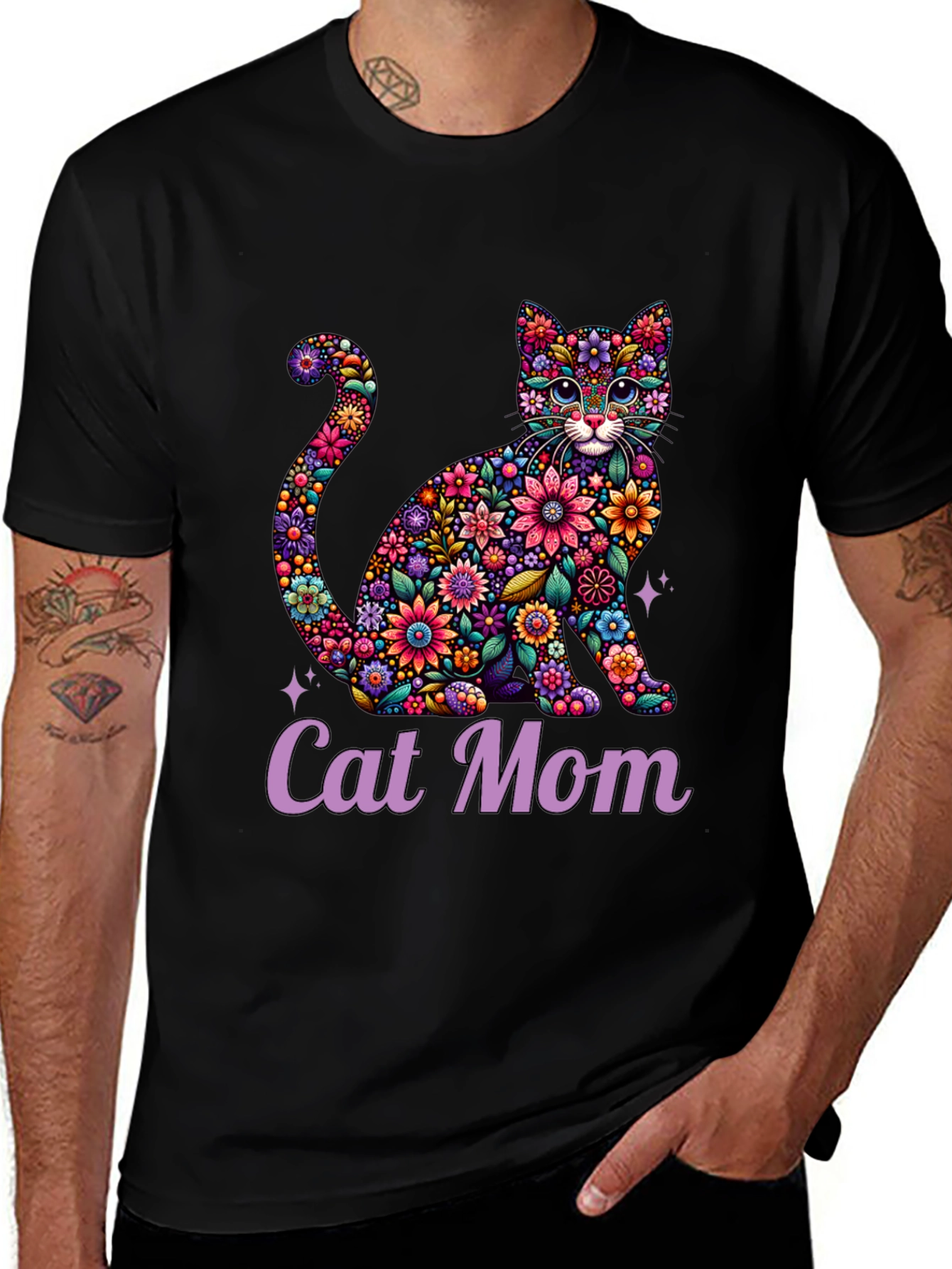 Floral Cat Mom T-Shirt - Unique Design