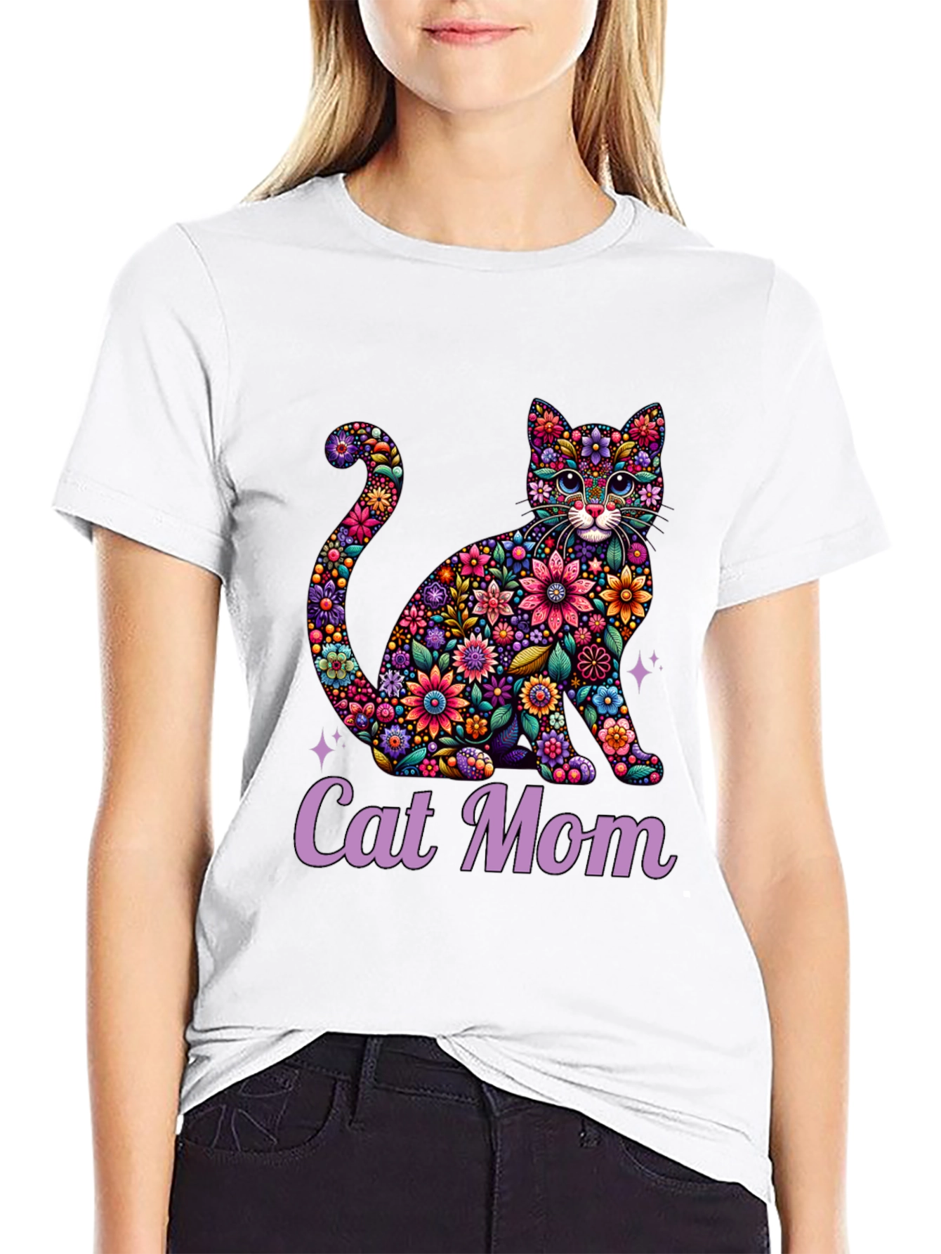 Floral Cat Mom T-Shirt - Unique Design